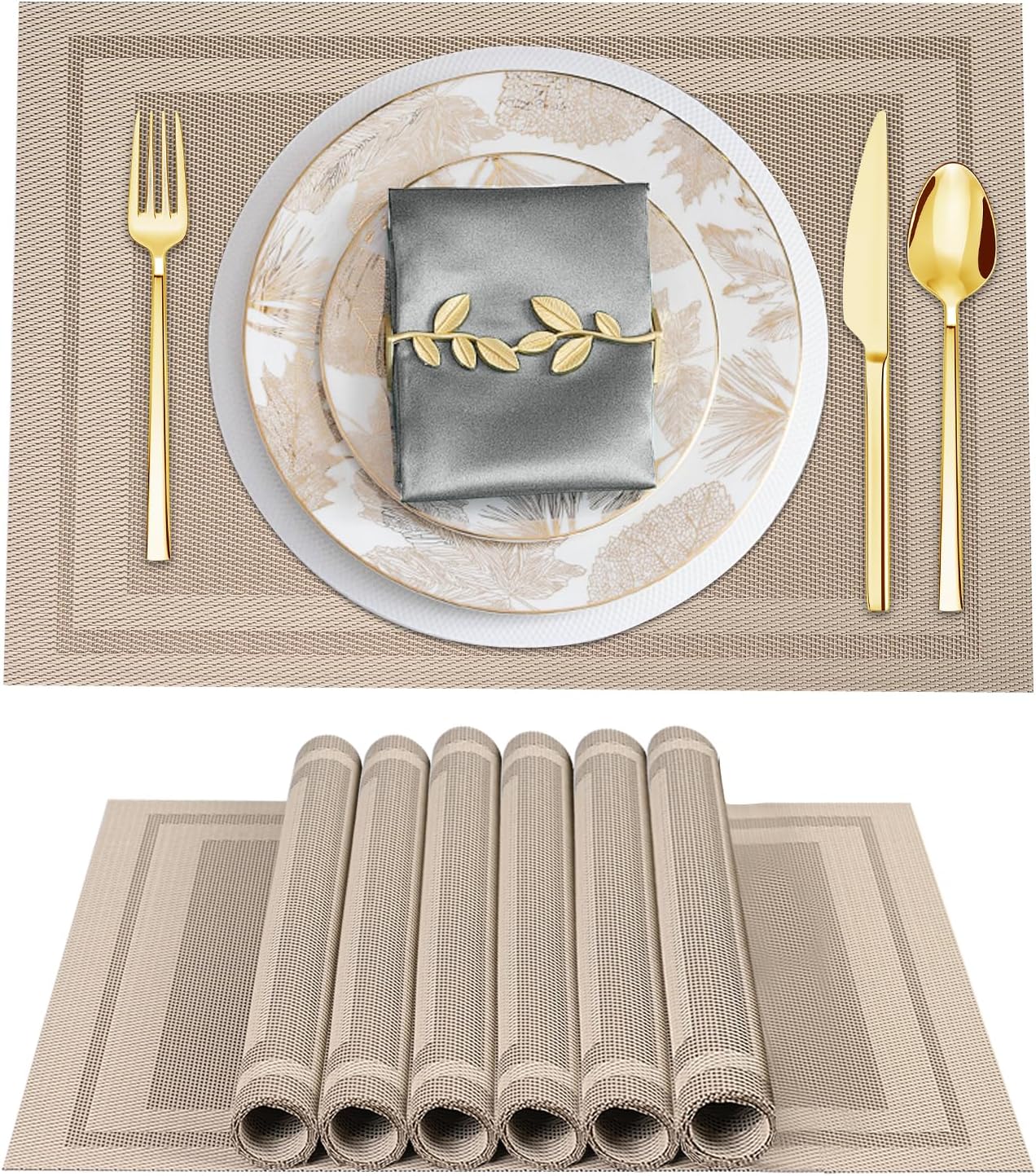 Tischsets 6er-Set, gewebtes Vinyl-Tischset für Esstisch, waschbar, abwischbar, Küchentischsets, strapazierfähige Tischsets für drinnen und draußen, 01 Beige, 6 Stück