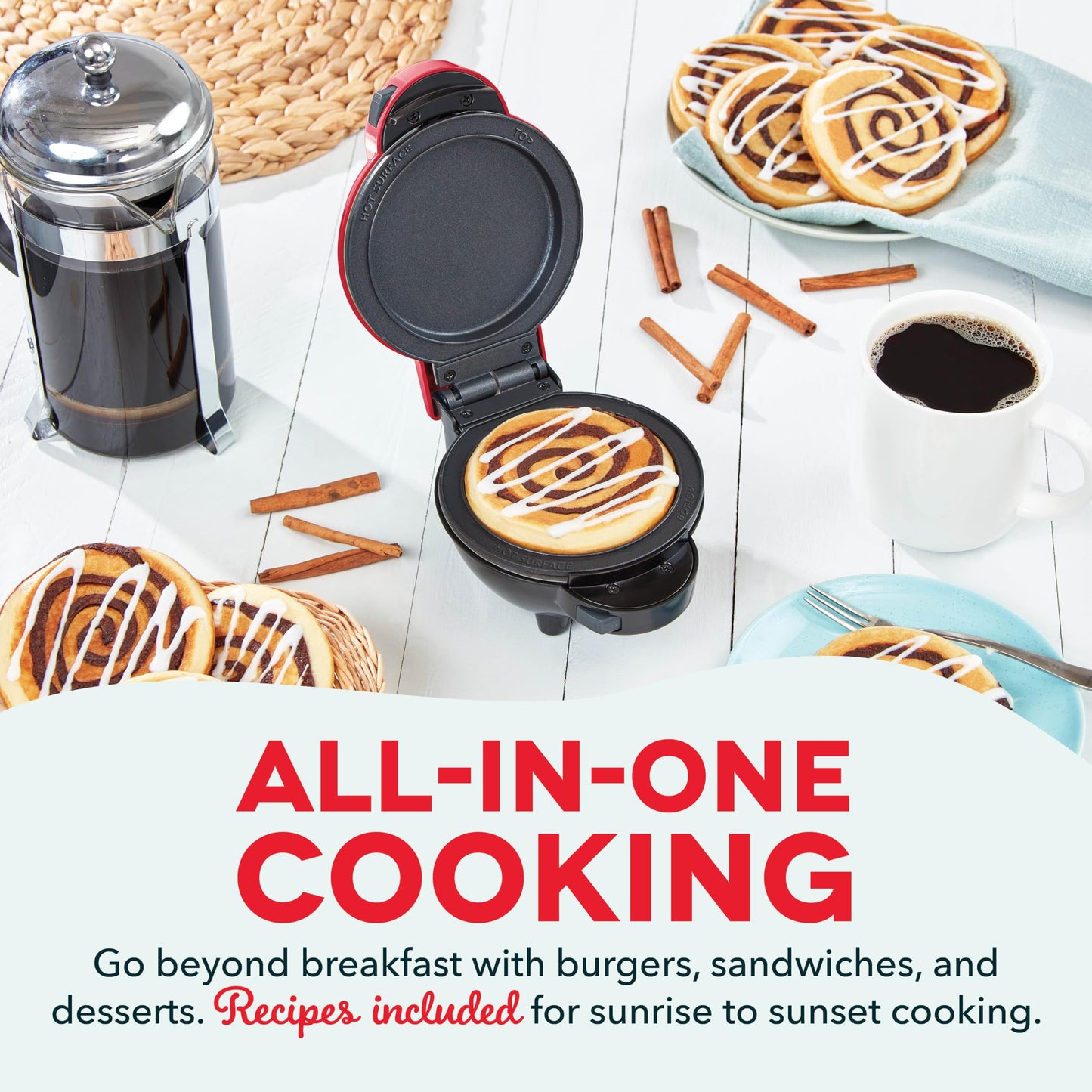 DASH Holiday Multimaker Mini System - Waffle Maker with Six 4” Removable Holiday Plates: Waffle Iron & Griddle, 4-in-1 Mini Waffle Maker for Kids and Families – Nonstick Surface, Santa Waffle (Red)
