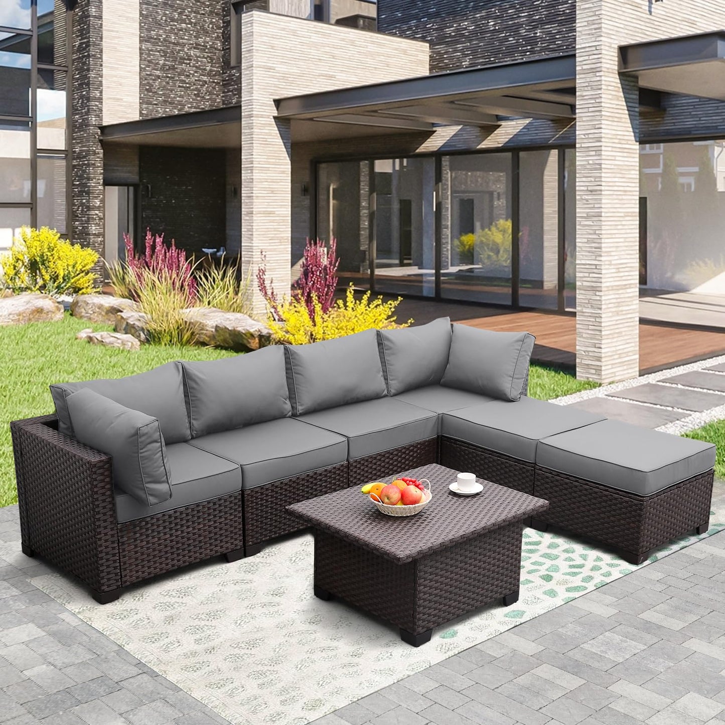 Outdoor Patio Dark Brown Rattan 7 Piece Sectional Set PE Wicker Conversation Sofa with Liftable Storage Table Non-Slip 5" Thick Royal Blue Cushion and Furniture Cover