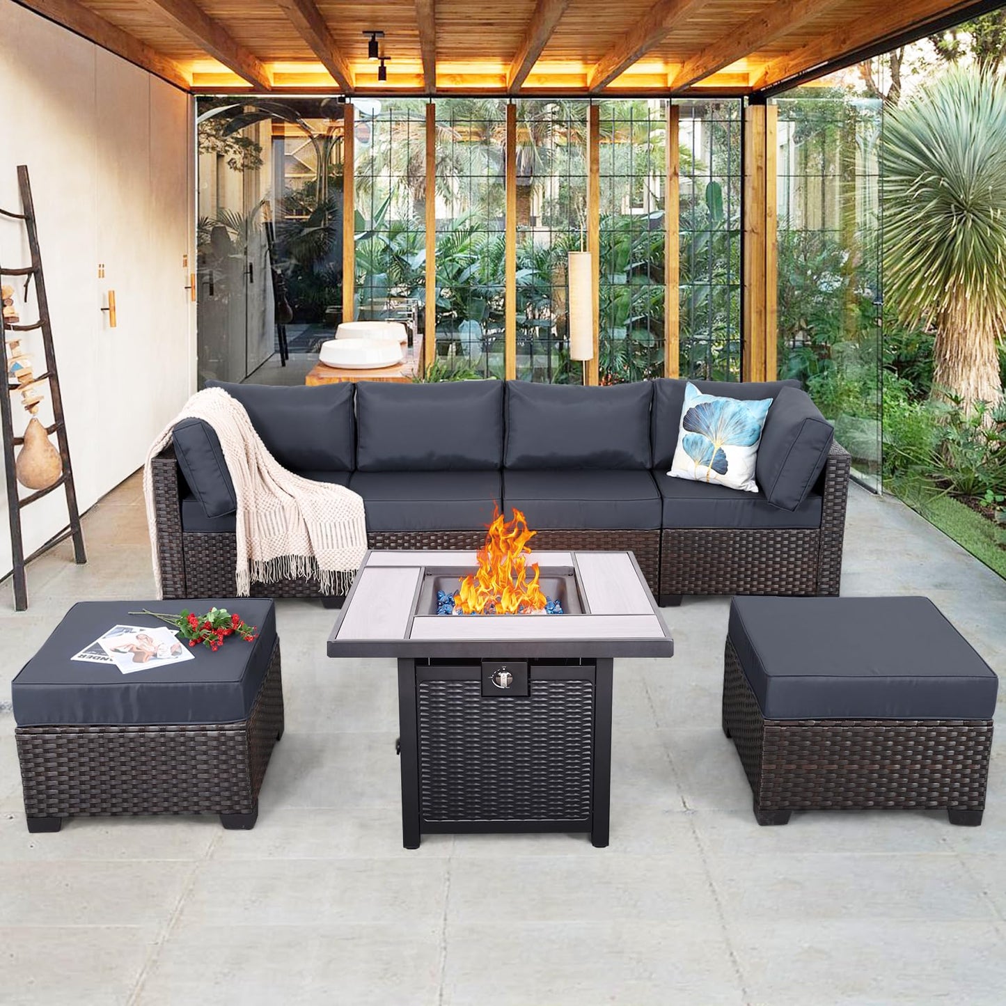 Outdoor Patio Dark Brown Rattan 7 Piece Sectional Set PE Wicker Conversation Sofa with Liftable Storage Table Non-Slip 5" Thick Royal Blue Cushion and Furniture Cover