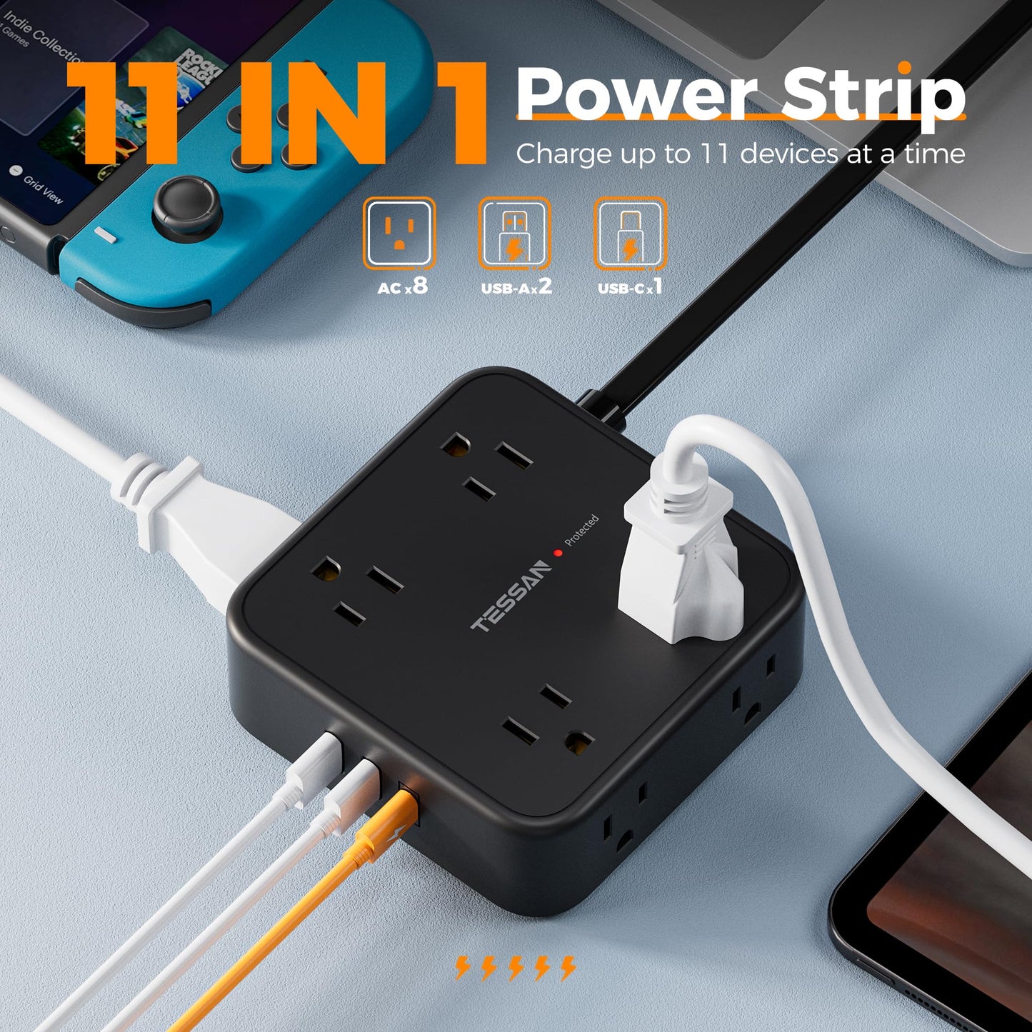 Surge Protector Flat Extension Cord Flat Plug Power Strip, 8 AC Outlets, 3 USB Charger(1 USB C Port) 3-Sided Outlet Extender, 5 Ft, 900 Joules Protection