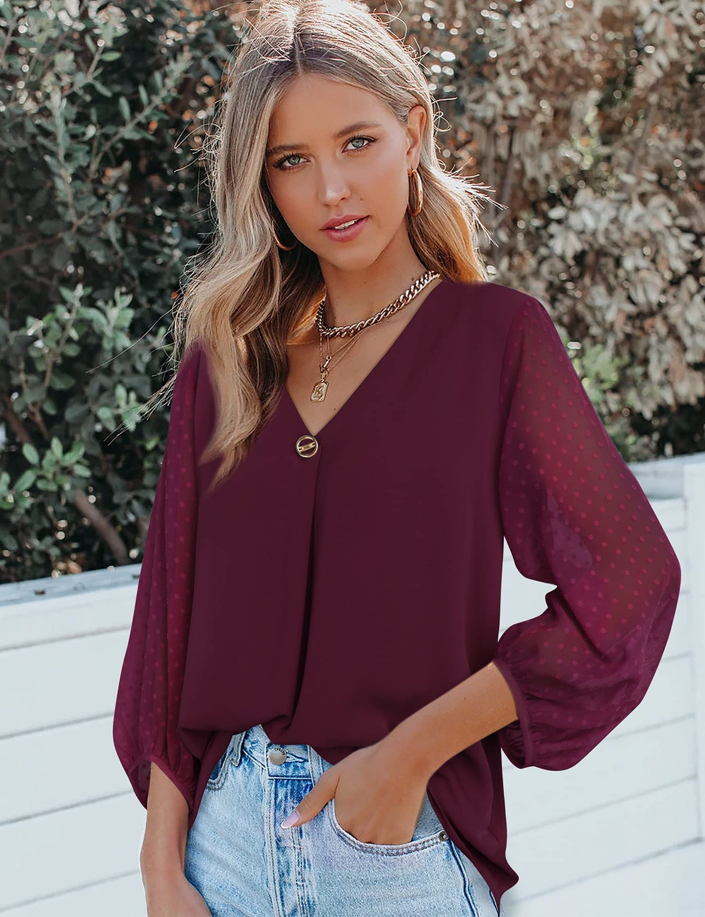 Bebonnie Damen Chiffonbluse mit Laternenmuster, 3/4-Ärmel, lässig, locker, V-Ausschnitt