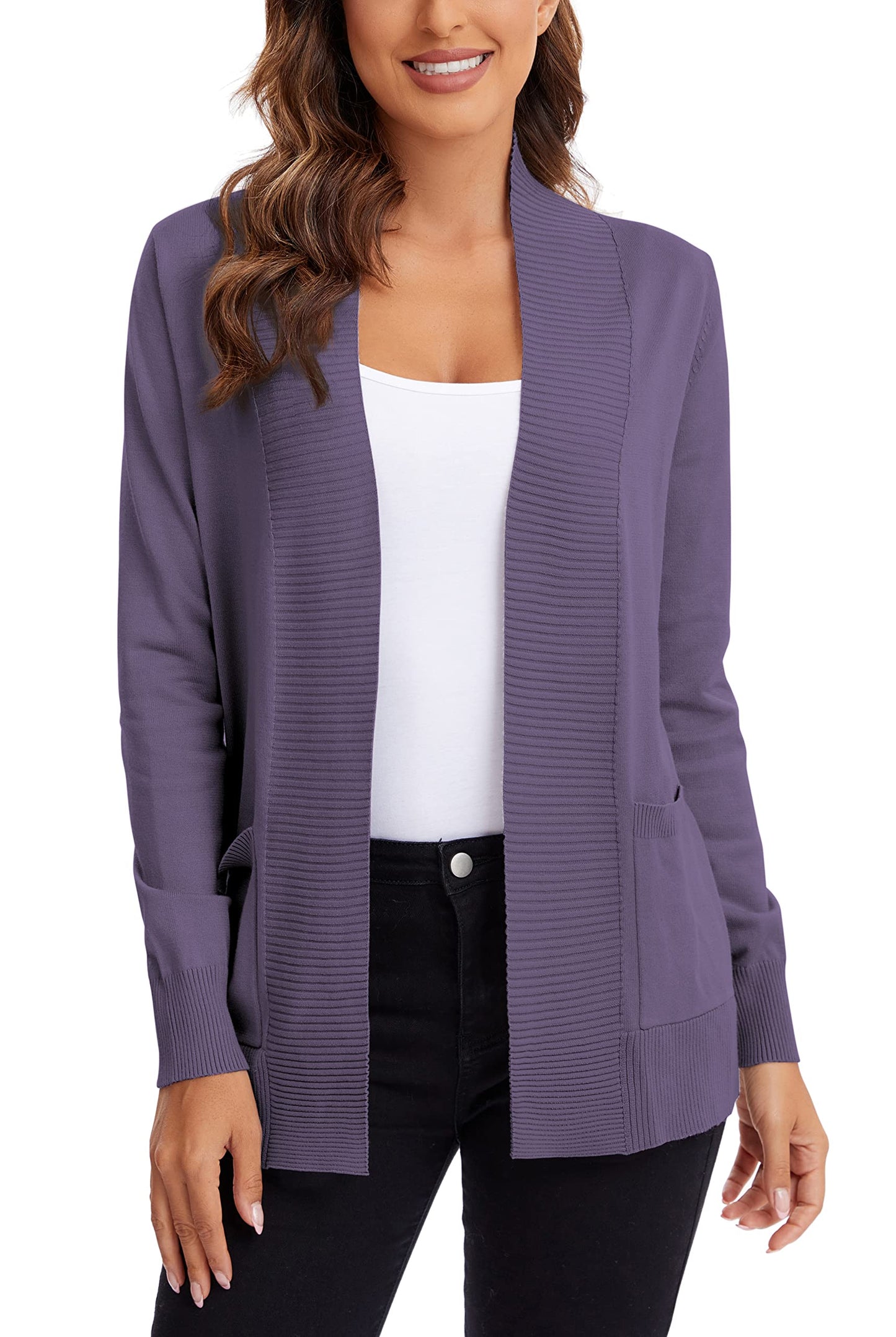 Urban CoCo Leichter Strickjacke für Damen mit offener Vorderseite, lange Ärmel, mit Tasche