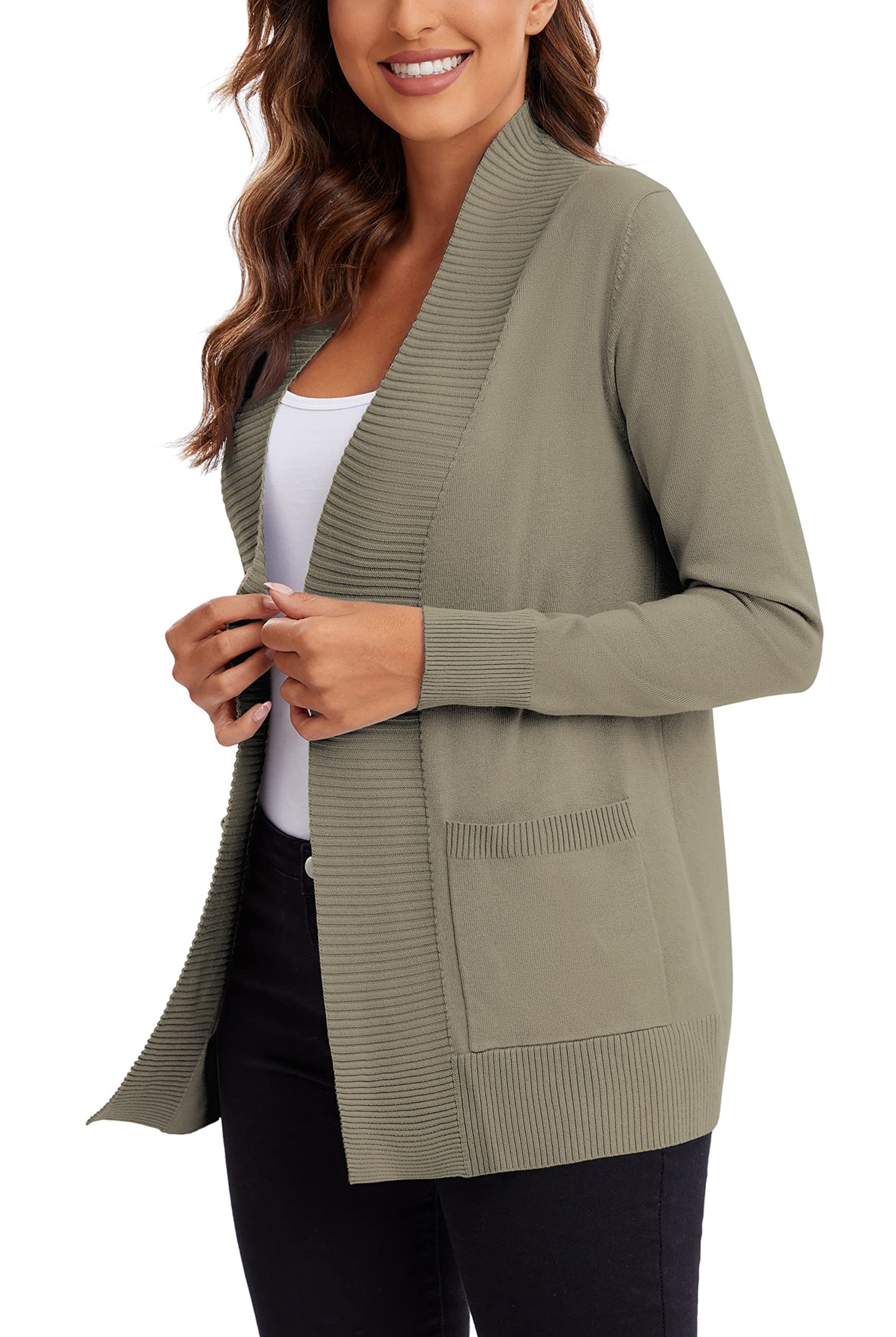 Urban CoCo Leichter Strickjacke für Damen mit offener Vorderseite, lange Ärmel, mit Tasche