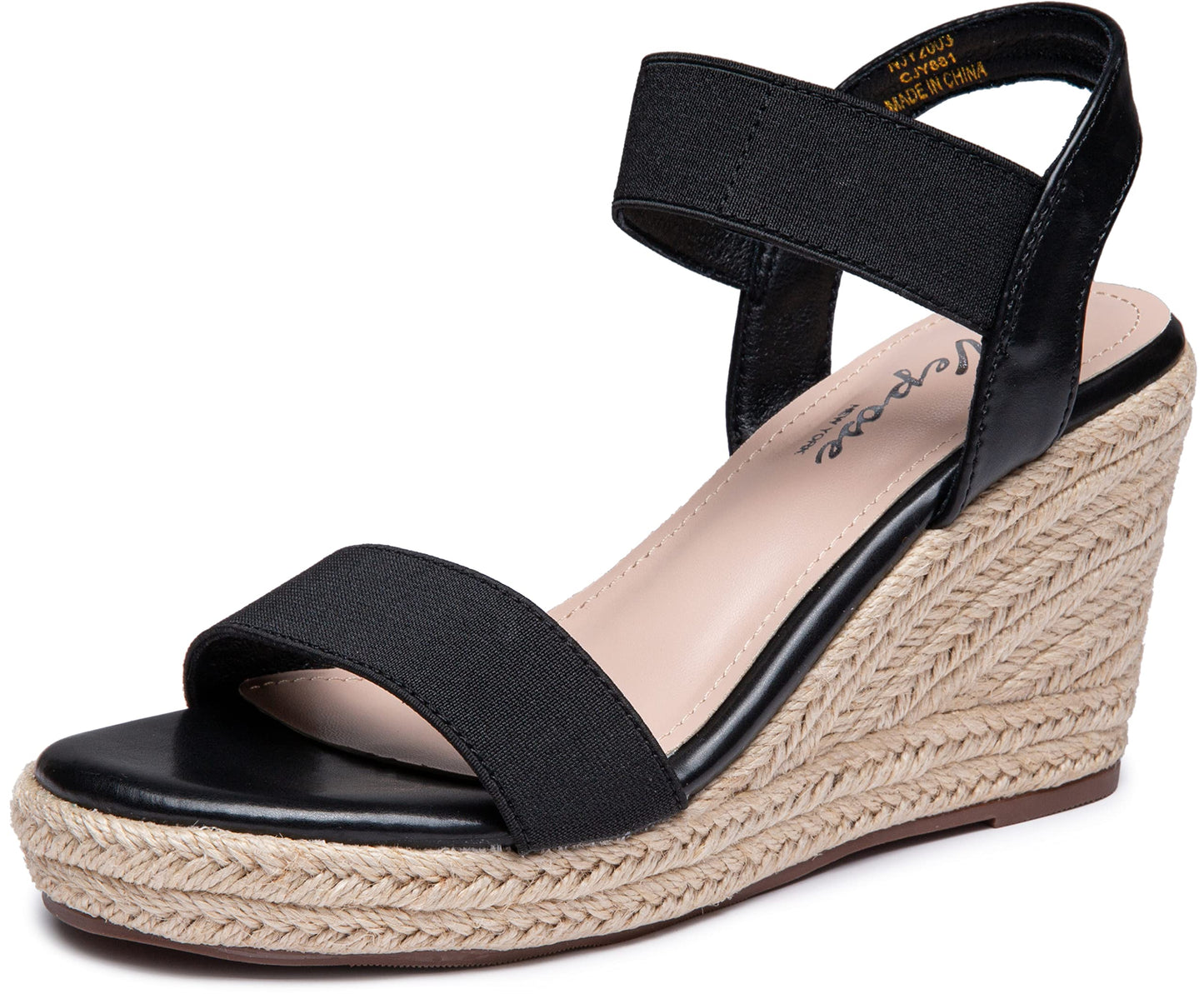Vepose Damen 881 Keilsandalen Elastischer Fesselriemen Espadrilles Plateau Offene Zehenpartie High Heel Stretch Textil Brautschuhe