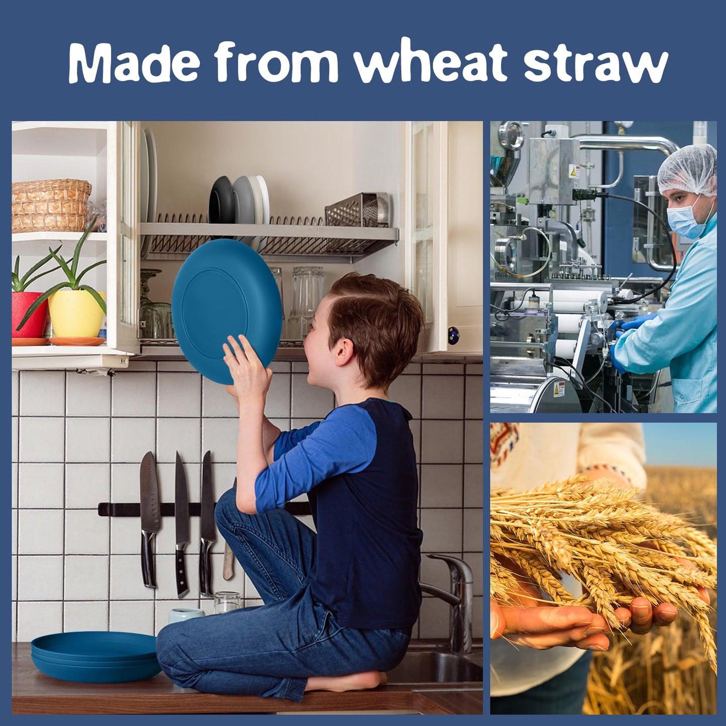 Teivio 16-Piece Kitchen Plastic Wheat Straw Dinnerware Set, Service for 4, Dinner Plates, Dessert Plate, Cereal Bowls, Cups, Unbreakable Plastic Outdoor Camping Dishes, Grey
