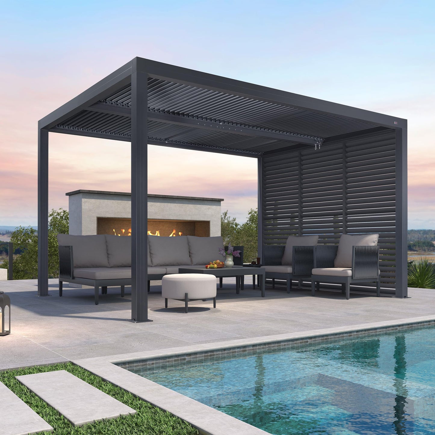 PURPLE LEAF Lamellenpergola 94AS, 3,3 x 4,3 m, Aluminium-Pergola für den Außenbereich mit Sonnenschutz, verstellbarem Dach für Terrasse, Hinterhof, grauer Pavillon mit festem Dach, 1 lange Seite und 2 kurze Seiten