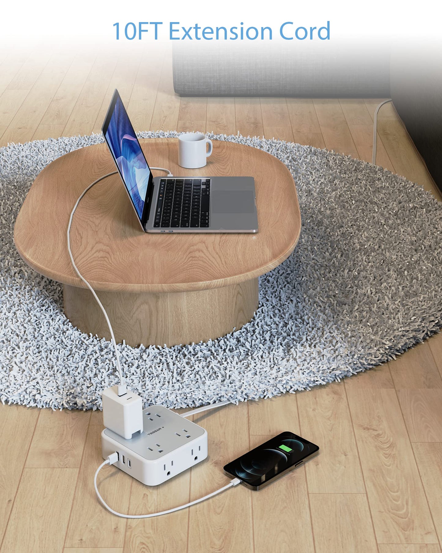 Surge Protector Flat Extension Cord Flat Plug Power Strip, 8 AC Outlets, 3 USB Charger(1 USB C Port) 3-Sided Outlet Extender, 5 Ft, 900 Joules Protection