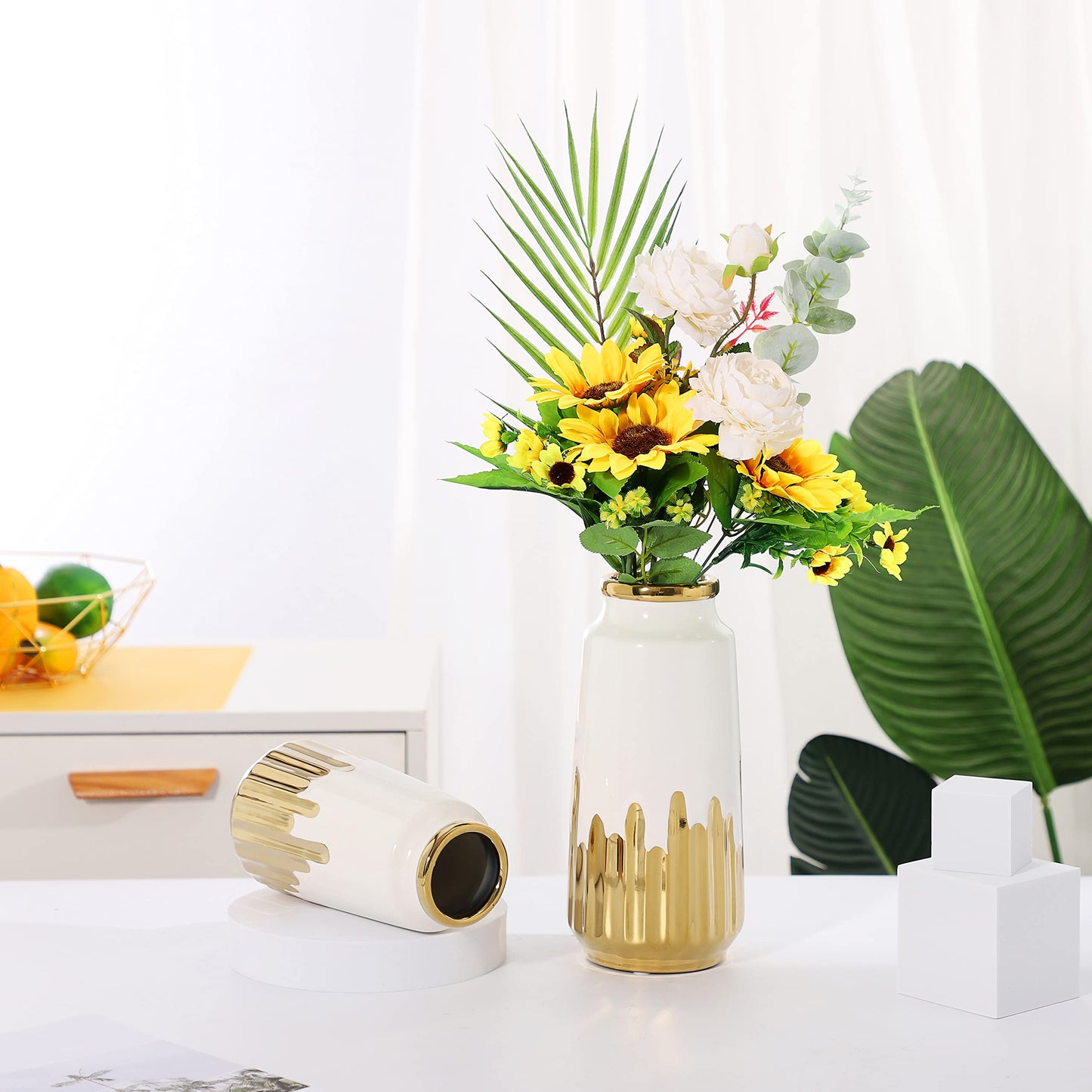 Weiße Blumenvase aus Keramik, einzigartige glänzende Vasen, breite Öffnung, moderne Vase, dekorative Vase für Zuhause, Hochzeit, Party, Tischdekoration