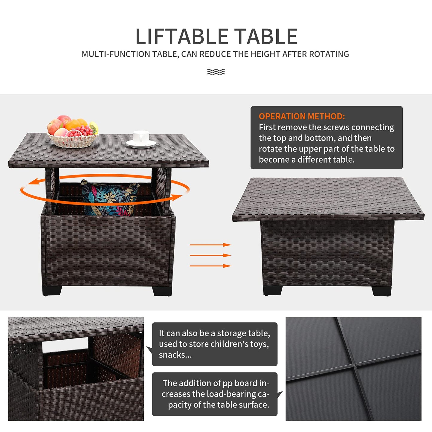 Outdoor Patio Dark Brown Rattan 7 Piece Sectional Set PE Wicker Conversation Sofa with Liftable Storage Table Non-Slip 5" Thick Royal Blue Cushion and Furniture Cover