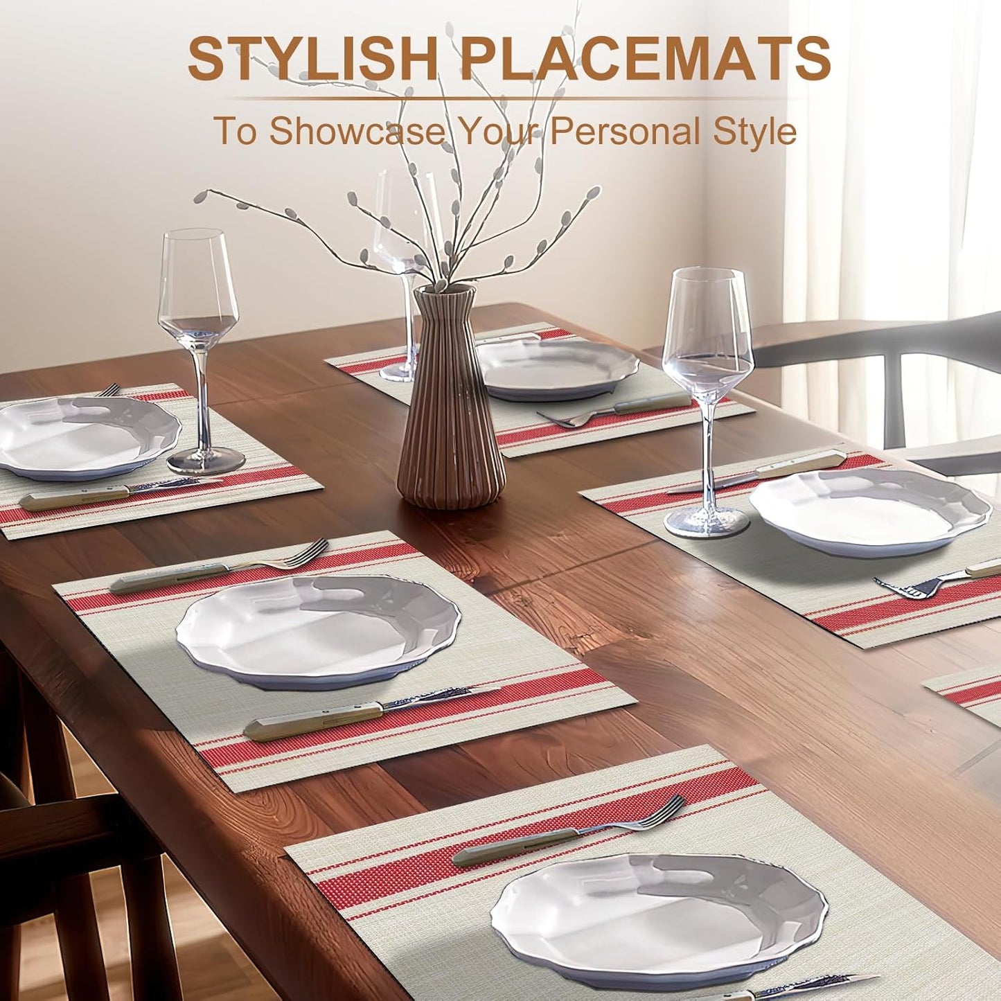 Tischsets 6er-Set, gewebtes Vinyl-Tischset für Esstisch, waschbar, abwischbar, Küchentischsets, strapazierfähige Tischsets für drinnen und draußen, 01 Beige, 6 Stück