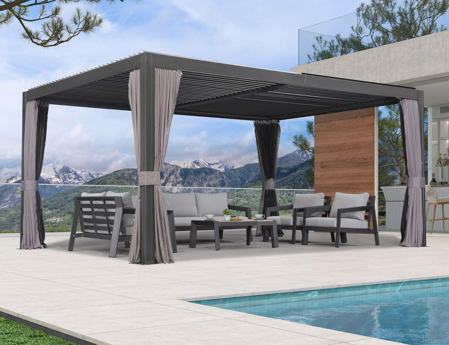 PURPLE LEAF Lamellenpergola 94AS, 3,3 x 4,3 m, Aluminium-Pergola für den Außenbereich mit Sonnenschutz, verstellbarem Dach für Terrasse, Hinterhof, grauer Pavillon mit festem Dach, 1 lange Seite und 2 kurze Seiten