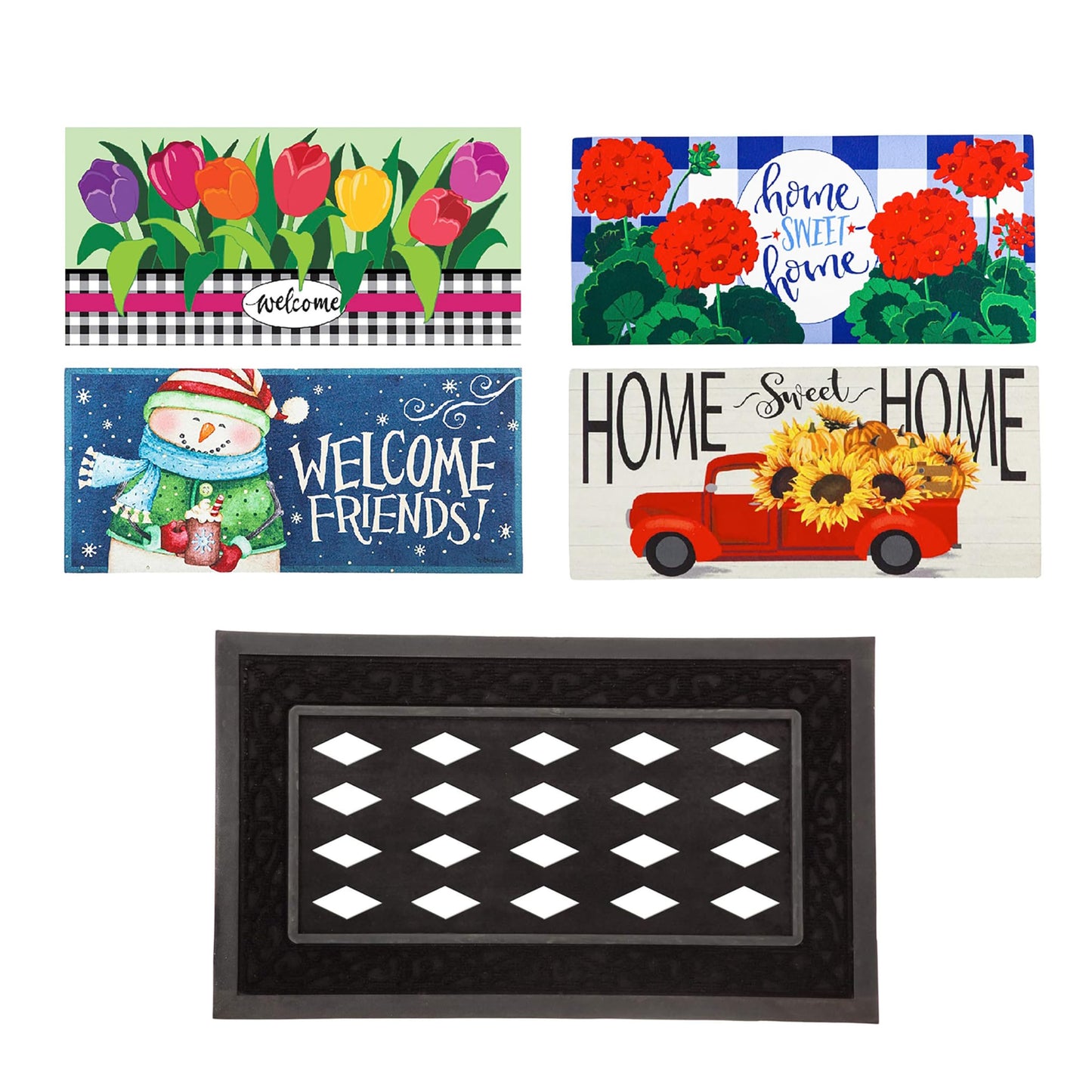 Evergreen Sassafras Bundle - Set mit 5 saisonalen austauschbaren Fußmatten für den Eingangsbereich | Für drinnen und draußen | 22 x 10 Zoll große Fußmatten und 28 x 16 Zoll großes Tablett | Rutschfeste Rückseite | Niedriges Profil | Heimdekor