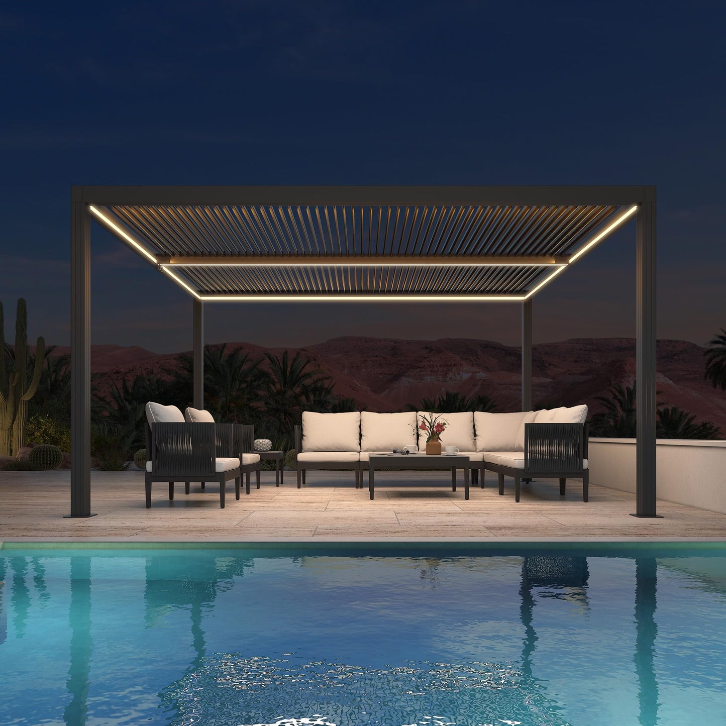 PURPLE LEAF Lamellenpergola 94AS, 3,3 x 4,3 m, Aluminium-Pergola für den Außenbereich mit Sonnenschutz, verstellbarem Dach für Terrasse, Hinterhof, grauer Pavillon mit festem Dach, 1 lange Seite und 2 kurze Seiten