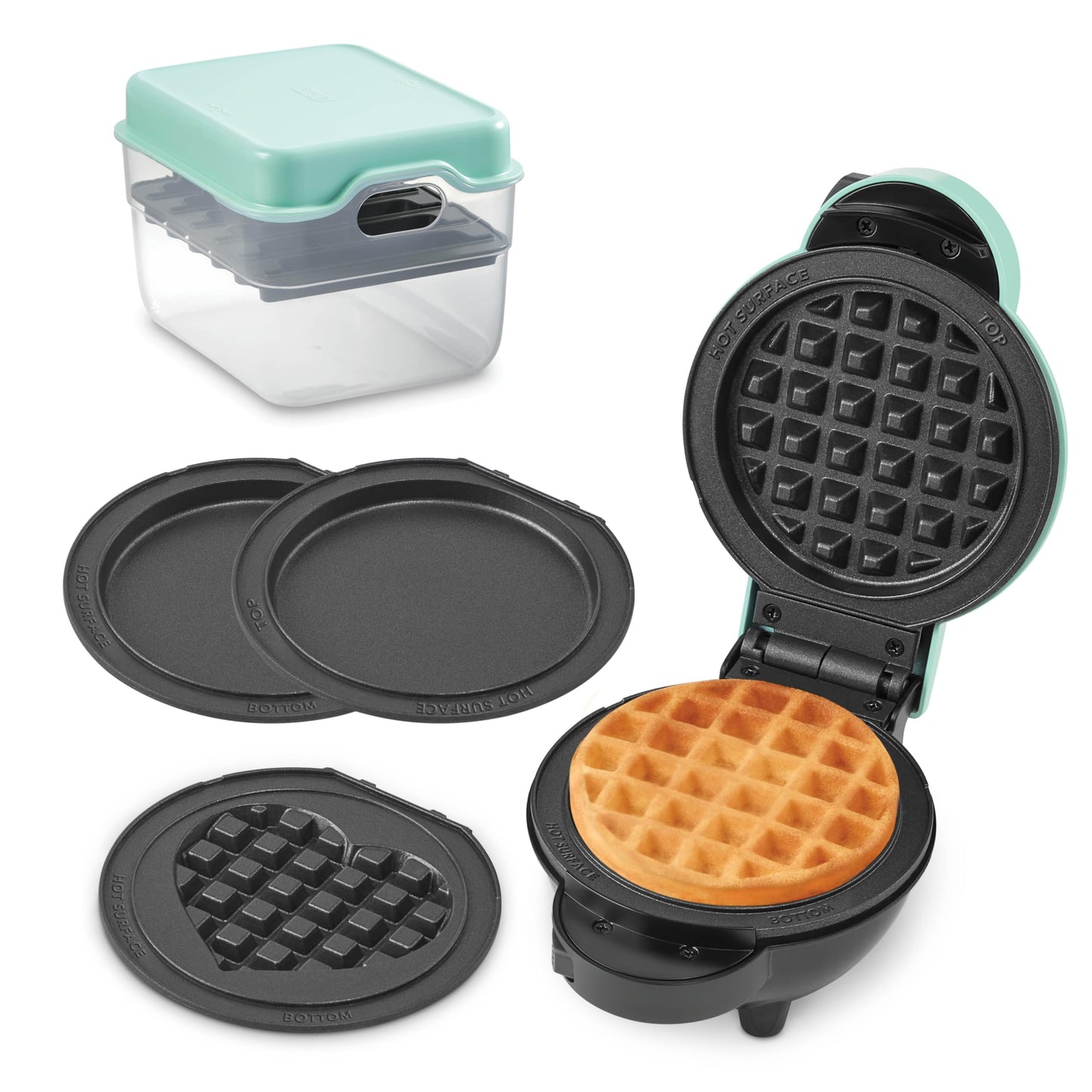 DASH Holiday Multimaker Mini System - Waffle Maker with Six 4” Removable Holiday Plates: Waffle Iron & Griddle, 4-in-1 Mini Waffle Maker for Kids and Families – Nonstick Surface, Santa Waffle (Red)