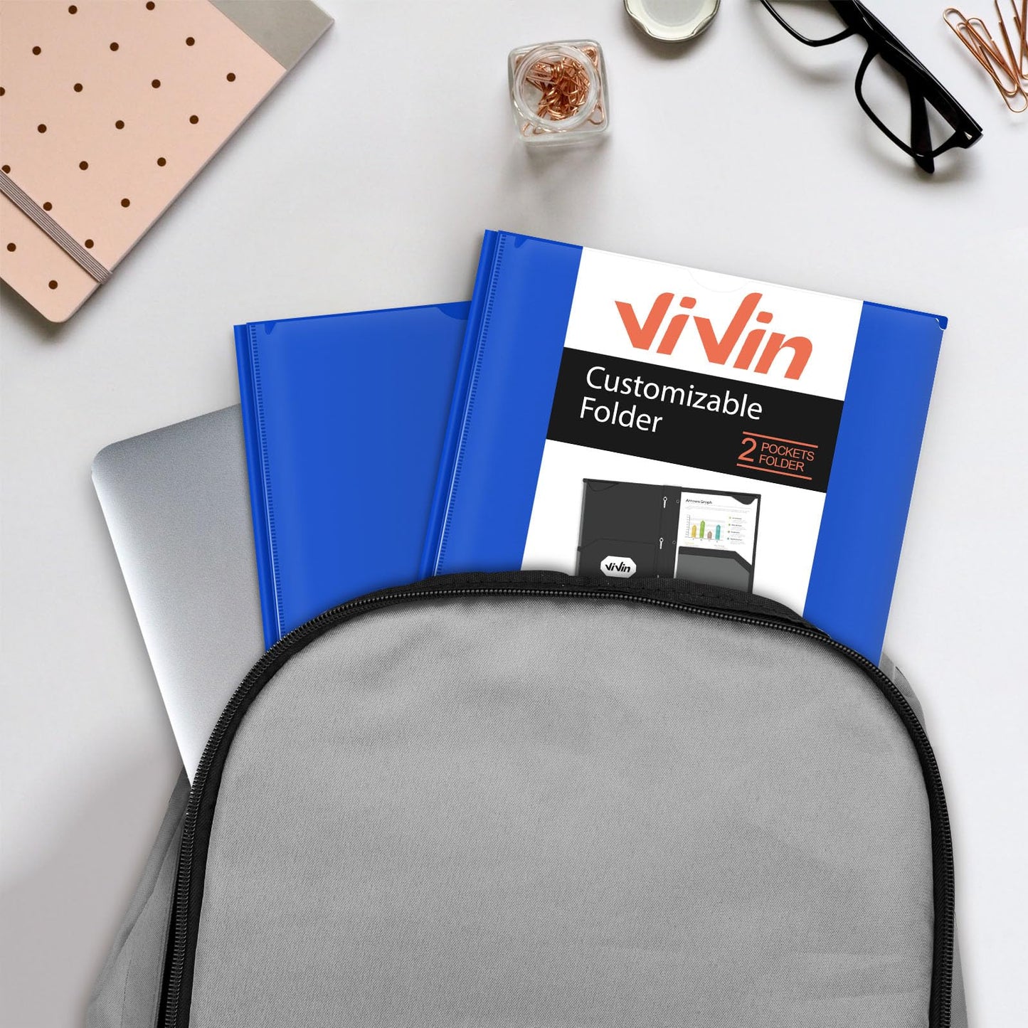 Chemises en plastique épais ViVin avec pochettes et broches, deux poches, poche avant transparente et onglets de maintien, lot de 6, pour papier au format lettre US, pour l'école et le bureau - Blanc