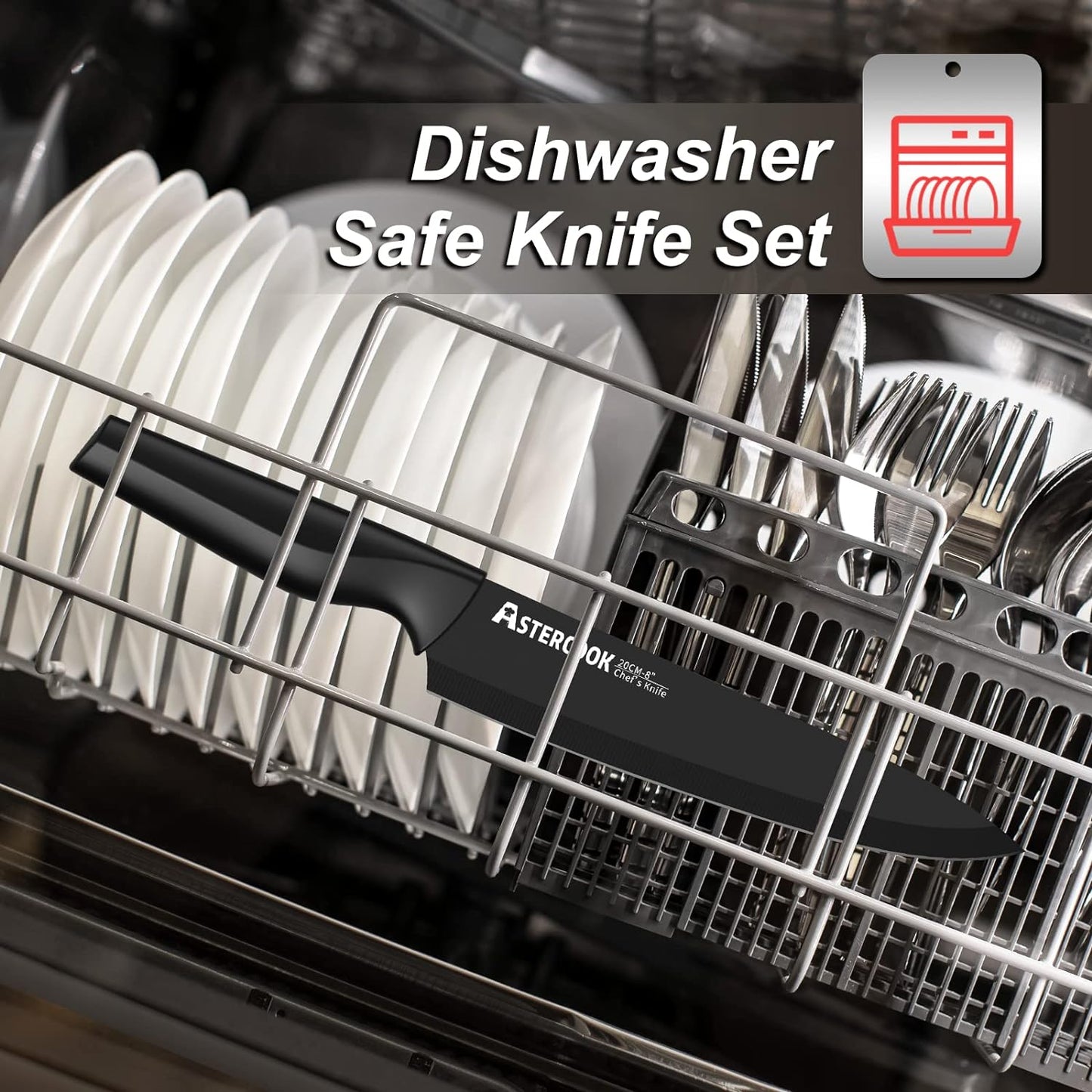 Messerset, Astercook 21-teiliges Messerset für die Küche mit Block, spülmaschinenfestes Küchenmesserset mit integriertem Schärfer, deutsches Edelstahl-Messerblock-Set in Schwarz