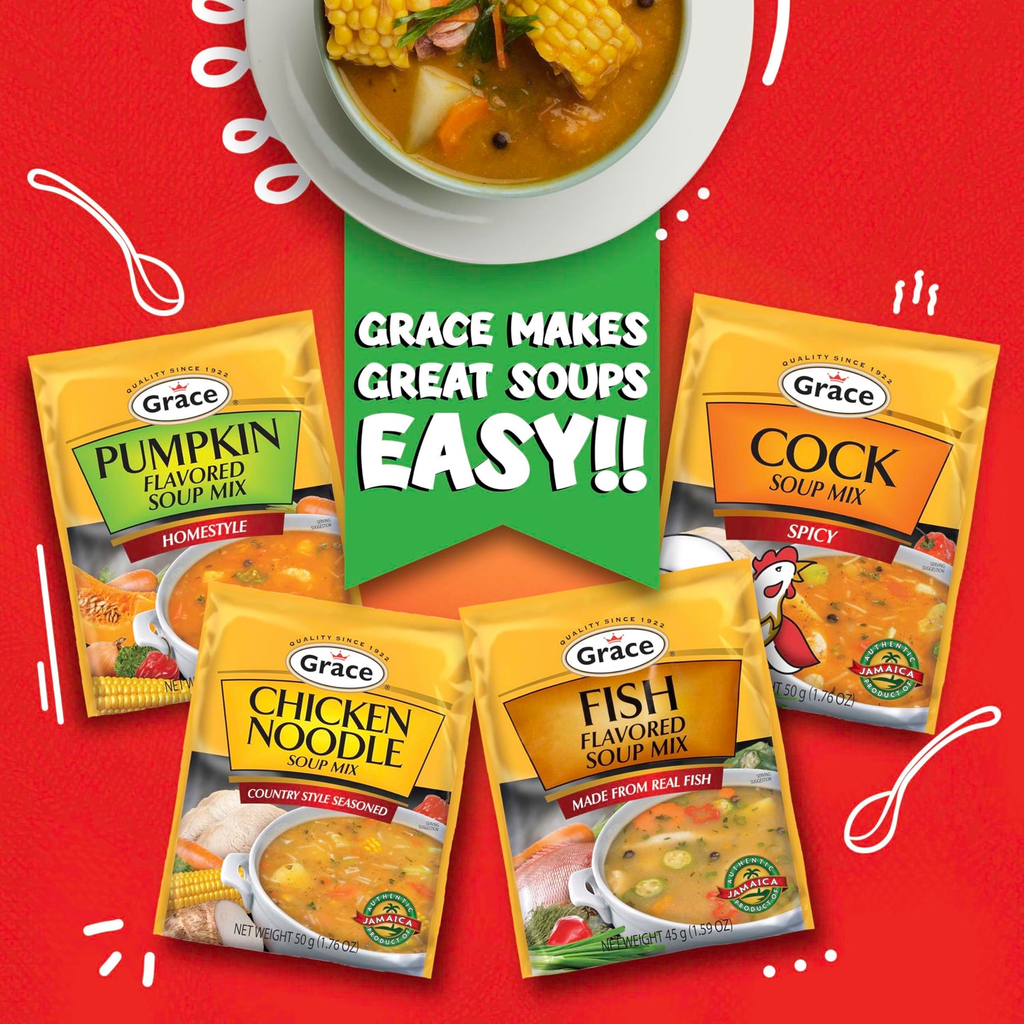 Grace Pumpkin Flavored Soup Mix 1.59oz - 6 Pack Homestyle Jamaican Soup Mix - Great for Caribbean Curry Soup