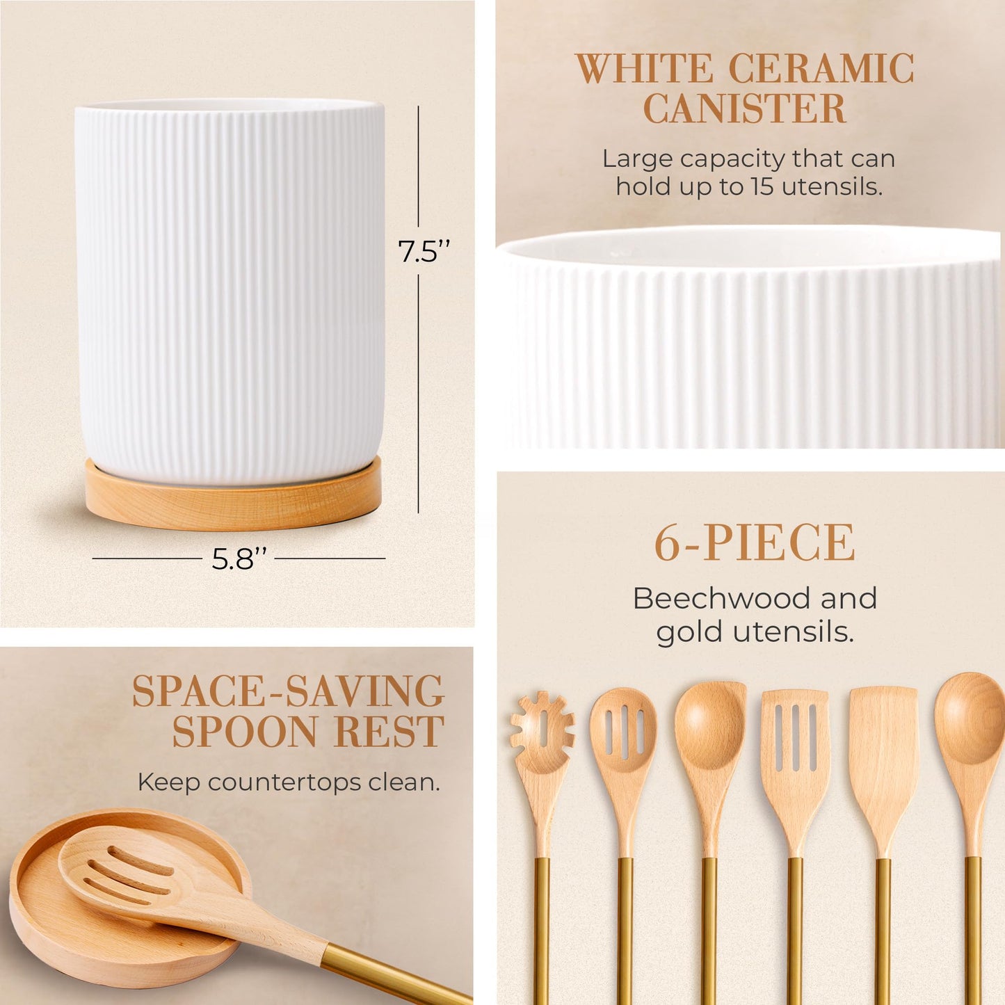 Ensemble d'ustensiles de cuisine en bois – Ensemble de 8 pièces comprenant des ustensiles de cuisine en bois et en or, un porte-ustensiles blanc et un repose-cuillère en bois – Ustensiles de cuisine durables et élégants pour cuisiner et servir