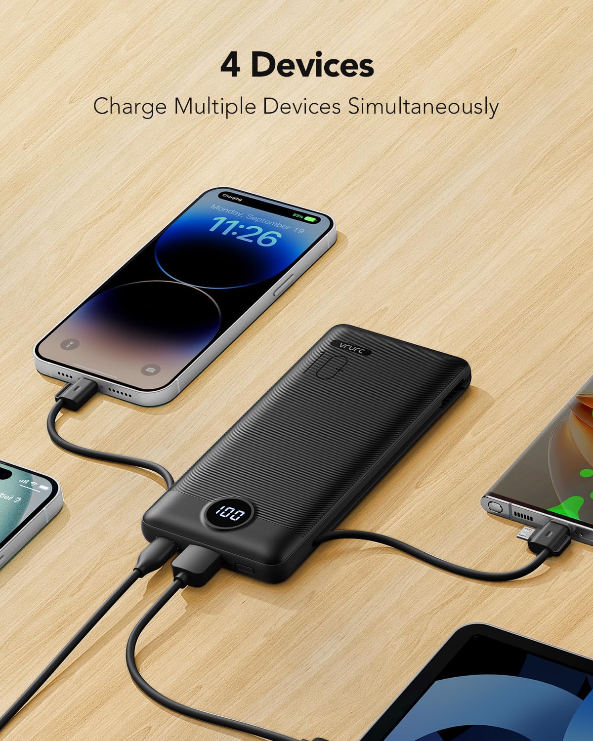 VRURC Portable Charger Built-in Cables and AC Wall Plug, USB C Power Bank 10000mAh, Travel Battery Phone Charger Compact Lightweight External Battery Pack for Smart Phones, Tablets etc-Orange