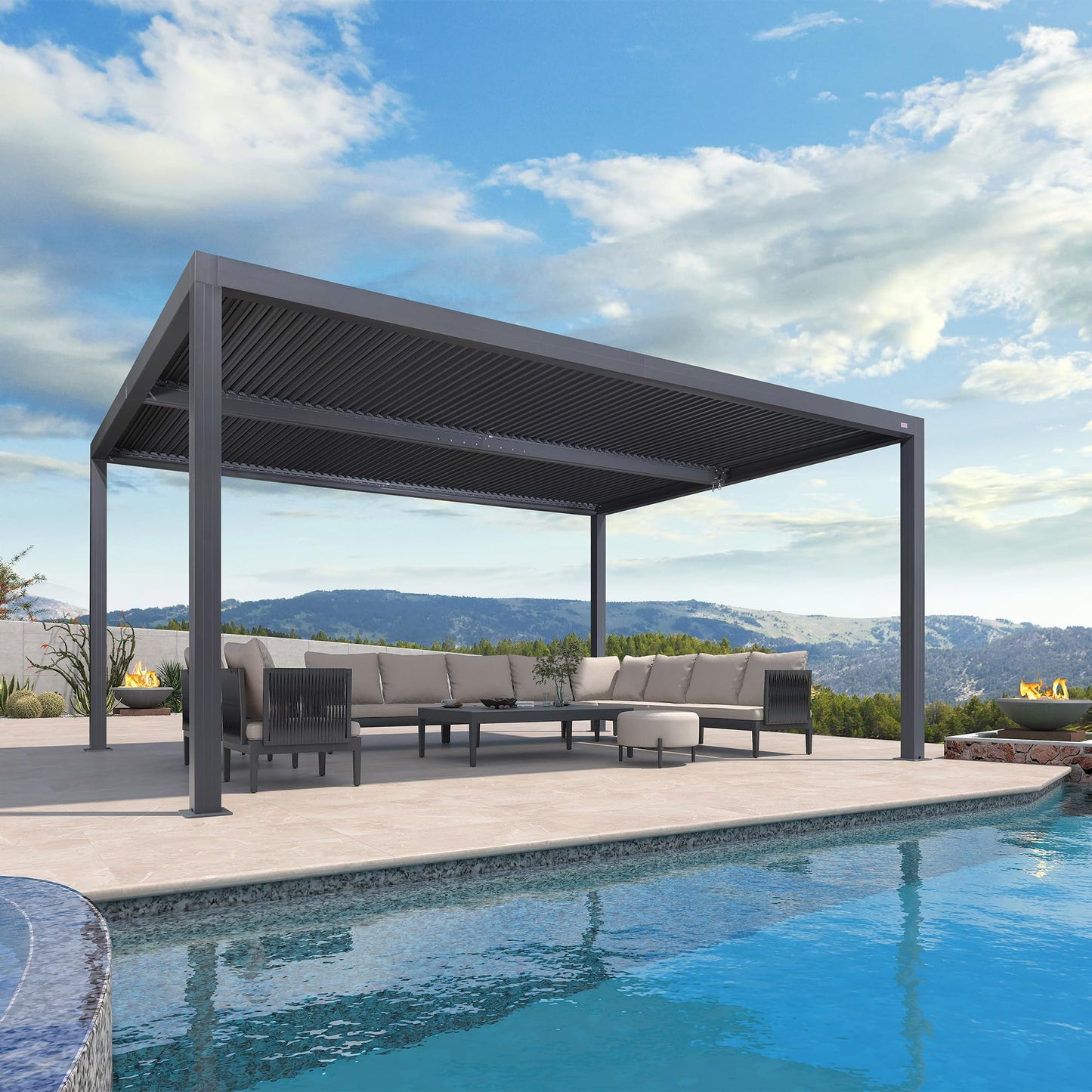 PURPLE LEAF Lamellenpergola 94AS, 3,3 x 4,3 m, Aluminium-Pergola für den Außenbereich mit Sonnenschutz, verstellbarem Dach für Terrasse, Hinterhof, grauer Pavillon mit festem Dach, 1 lange Seite und 2 kurze Seiten