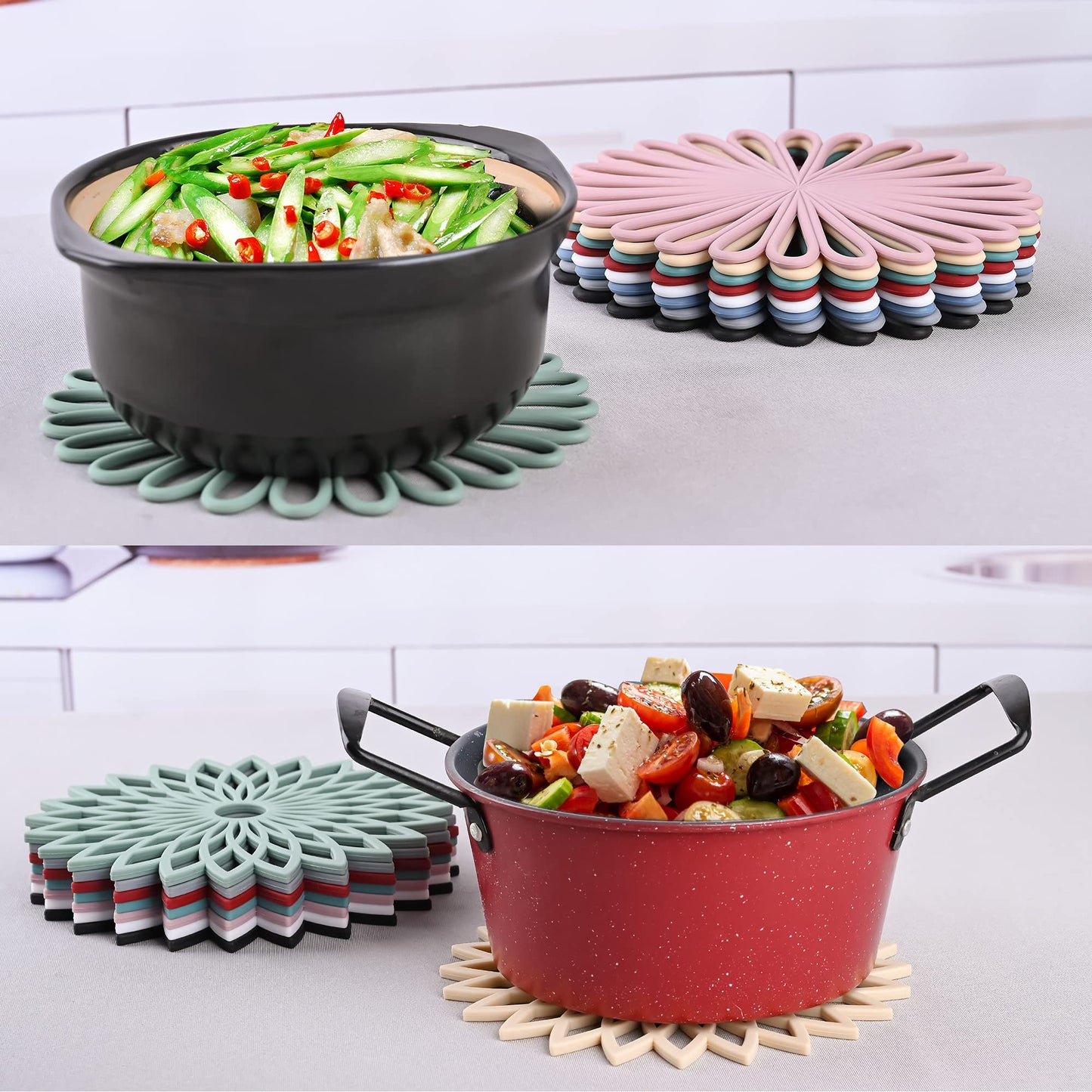 Dessous de plat en silicone Smithcraft pour plats chauds, casseroles et poêles, dessous de plat pour cuisine, tapis résistant à la chaleur sculpté multi-usage pour comptoir, dessous de plat en silicone pour maniques pour table et comptoirs, lot de 6, gris