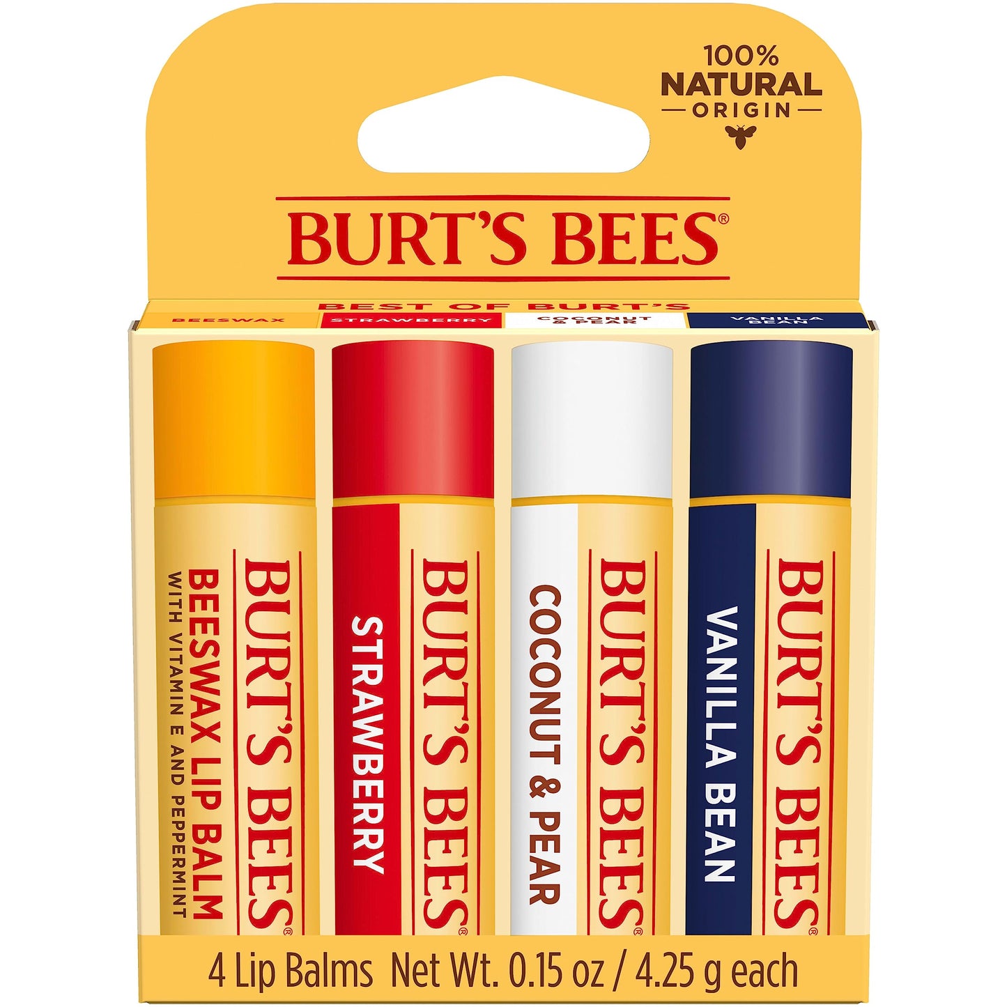 Lip Balm - Beeswax, Strawberry, Coconut and Pear, and Vanilla Bean, With Responsibly Sourced Beeswax, Tint-Free, Natural Origin Lip Treatment, 4 Tubes, 0.15 oz.