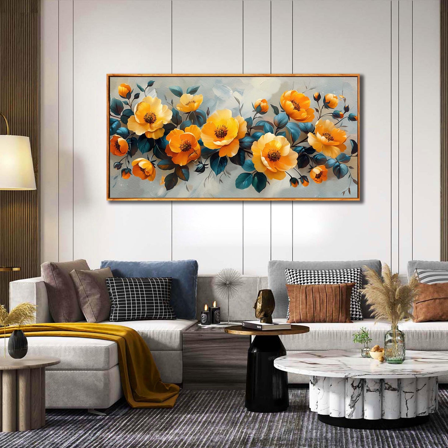 Gold Wall Art White Wall Pictures Beautiful Flower Wall Decorations for Living Room Black Artwork 24"x48" Art for Home Office