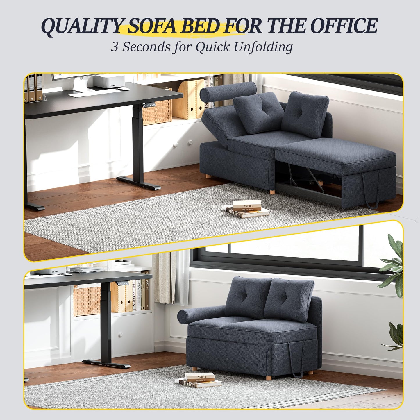 Schlafsofa, 4-in-1-Couch, umwandelbares Sofa, Zweisitzer-Couch aus Leinenstoff mit 2 Dekokissen, Einzel-Relaxsessel für kleine Räume mit 5-fach verstellbarer Rückenlehne