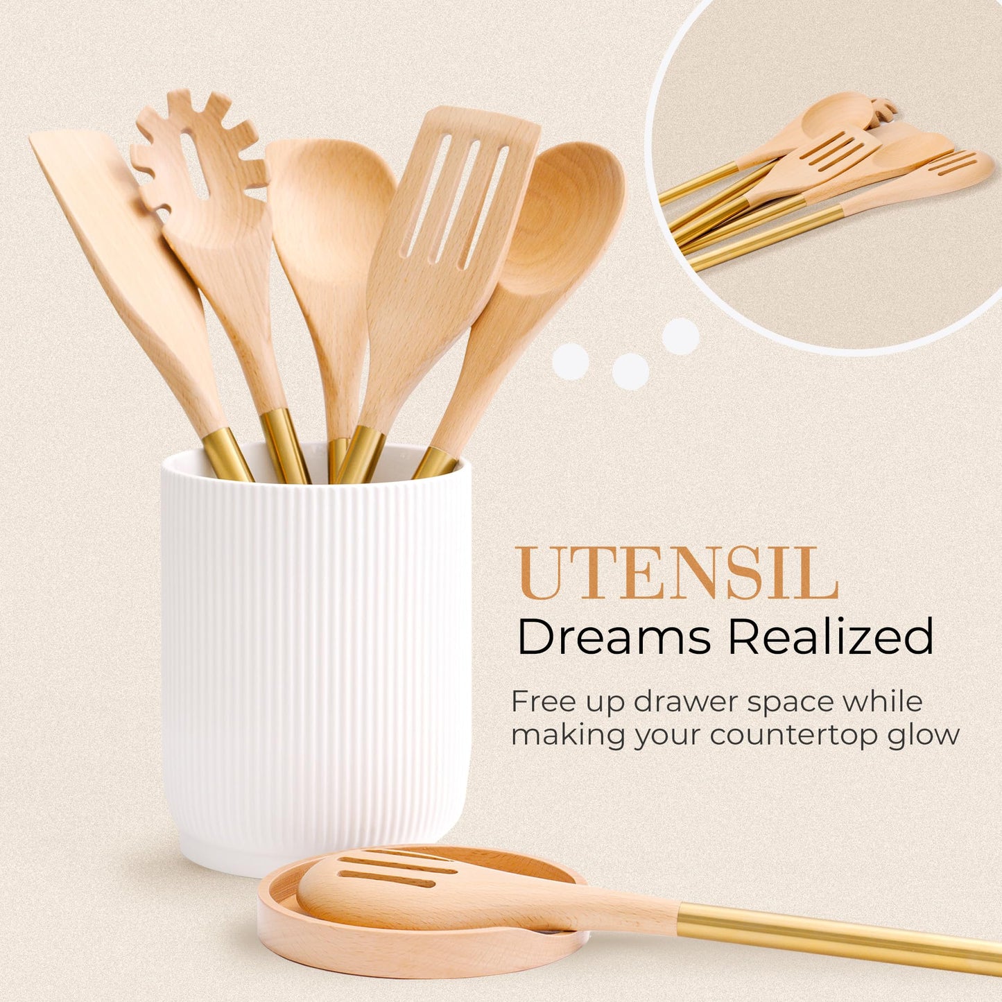 Ensemble d'ustensiles de cuisine en bois – Ensemble de 8 pièces comprenant des ustensiles de cuisine en bois et en or, un porte-ustensiles blanc et un repose-cuillère en bois – Ustensiles de cuisine durables et élégants pour cuisiner et servir