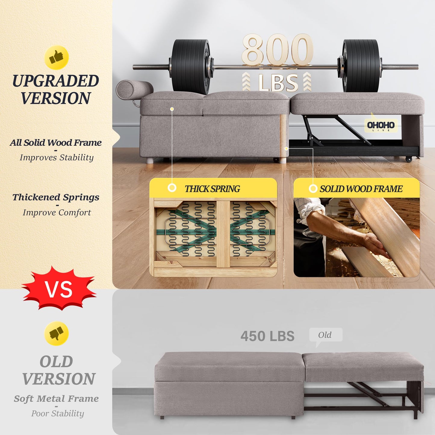 Schlafsofa, 4-in-1-Couch, umwandelbares Sofa, Zweisitzer-Couch aus Leinenstoff mit 2 Dekokissen, Einzel-Relaxsessel für kleine Räume mit 5-fach verstellbarer Rückenlehne