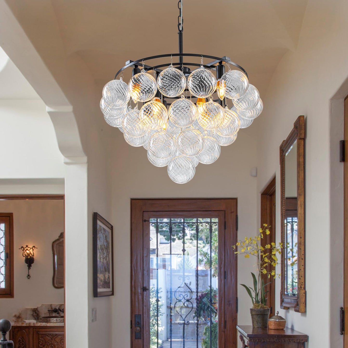 Gold Bubble Chandelier 4-Tier Round Clear Glass Globe Chandeliers 8 Lights 24Inch Dia Blown Glass Pendant Chandelier Light Fixture for Dining Room Bedroom Living Room