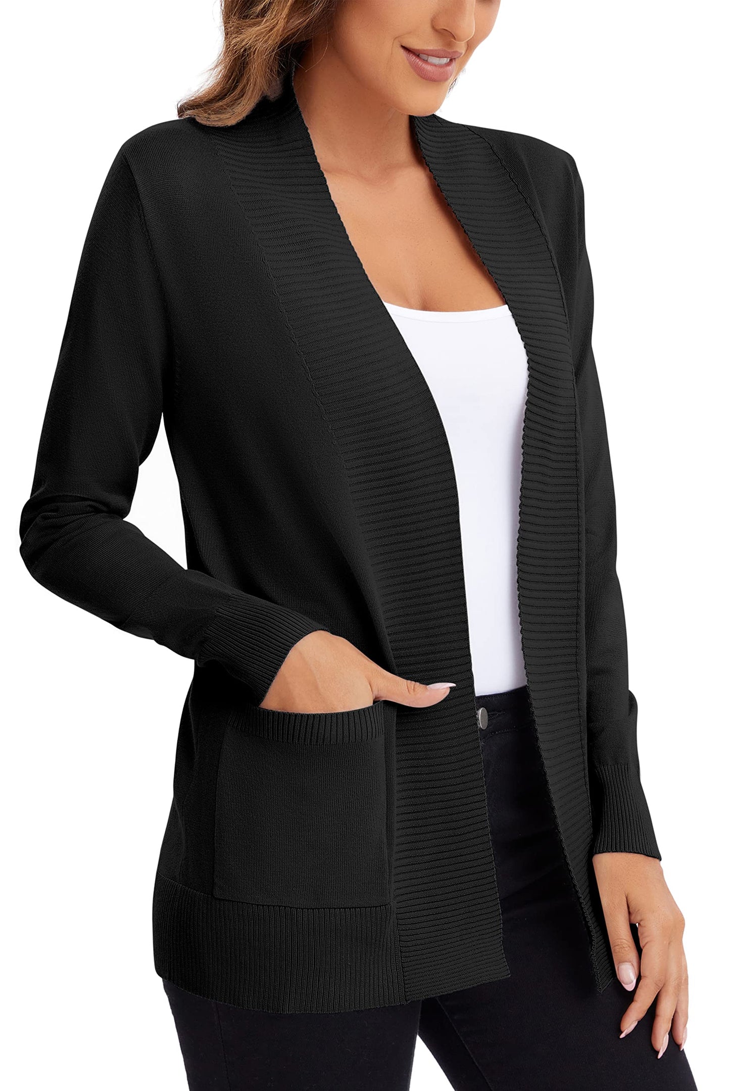 Urban CoCo Leichter Strickjacke für Damen mit offener Vorderseite, lange Ärmel, mit Tasche