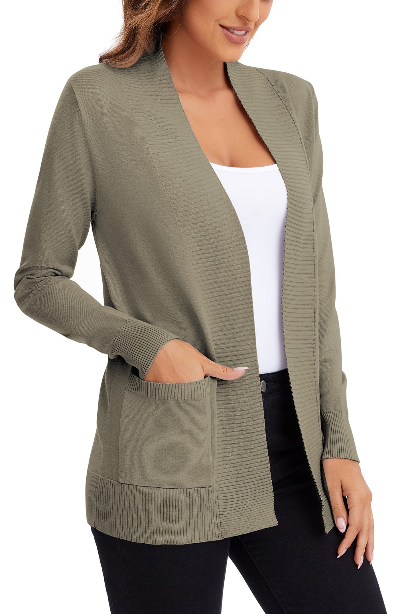 Urban CoCo Leichter Strickjacke für Damen mit offener Vorderseite, lange Ärmel, mit Tasche