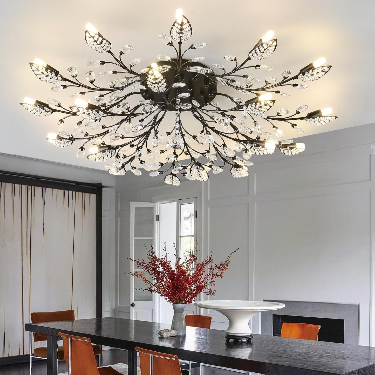Moderne Deckenleuchte aus Kristall, halbbündiger Kronleuchter, Deckenleuchte aus Kristallblättern, Kronleuchter für Esszimmer, Wohnzimmer, Schlafzimmer (Gold, 12 Lichter)