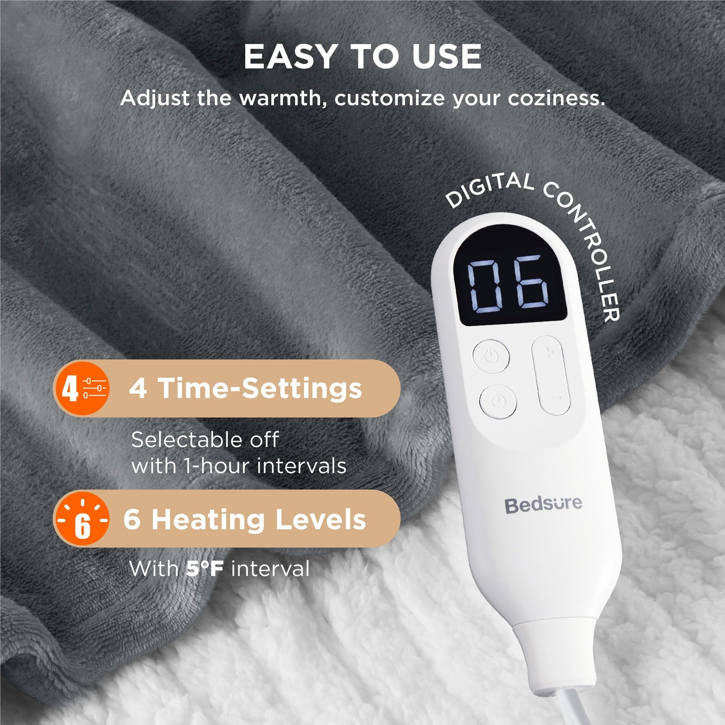 Electric Heated Blanket/Throw - Seamless Flannel Electric Blanket, Heating Blanket with 4 Time Settings & 6 Heat Settings, Warm Blanket Gift for Grandma (50x60 inches, Black)