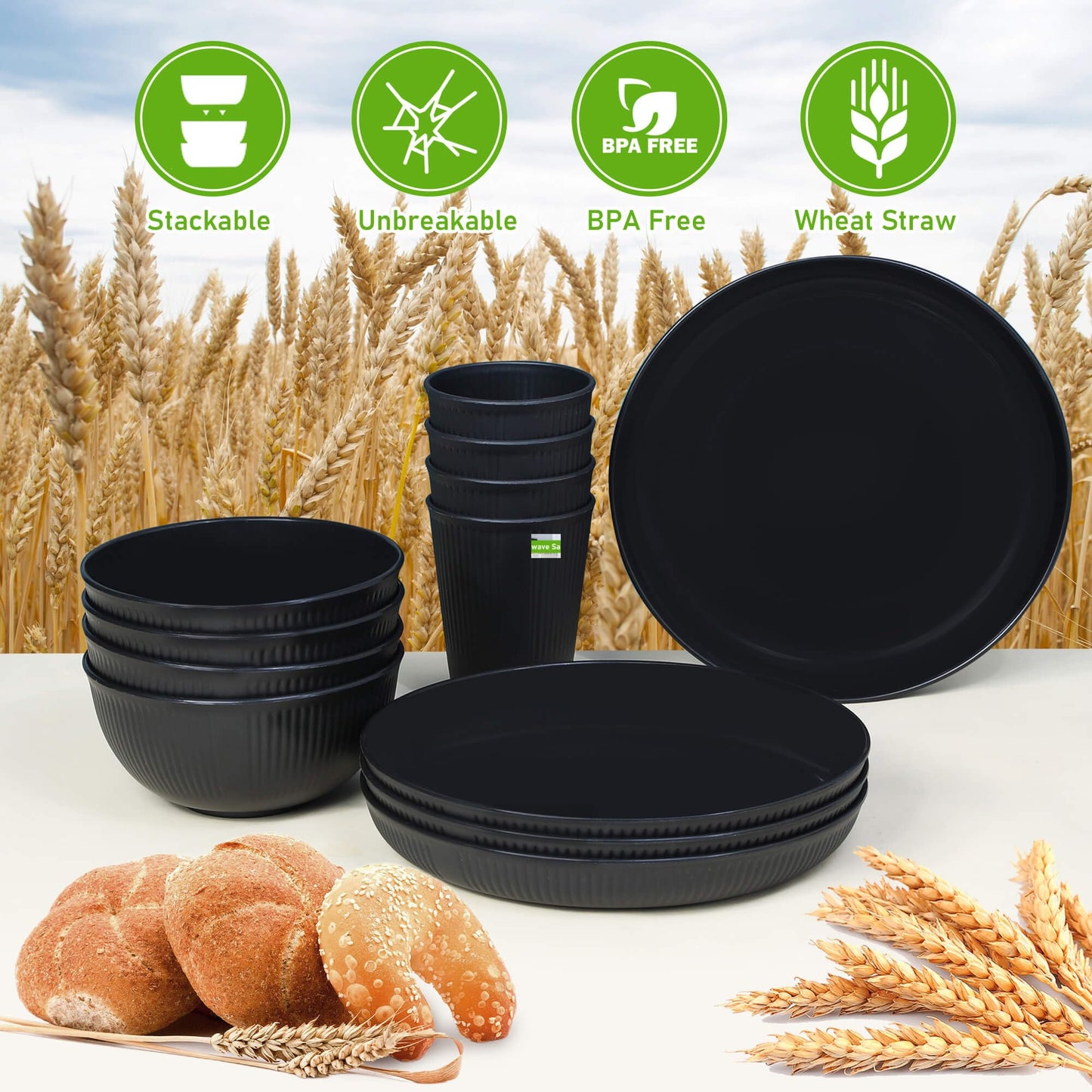 12pcs Wheat Straw Dinnerware Sets for 4, Kitchen Unbreakable Plates and Bowls Sets for College Dorm Apartment Reusable Beige