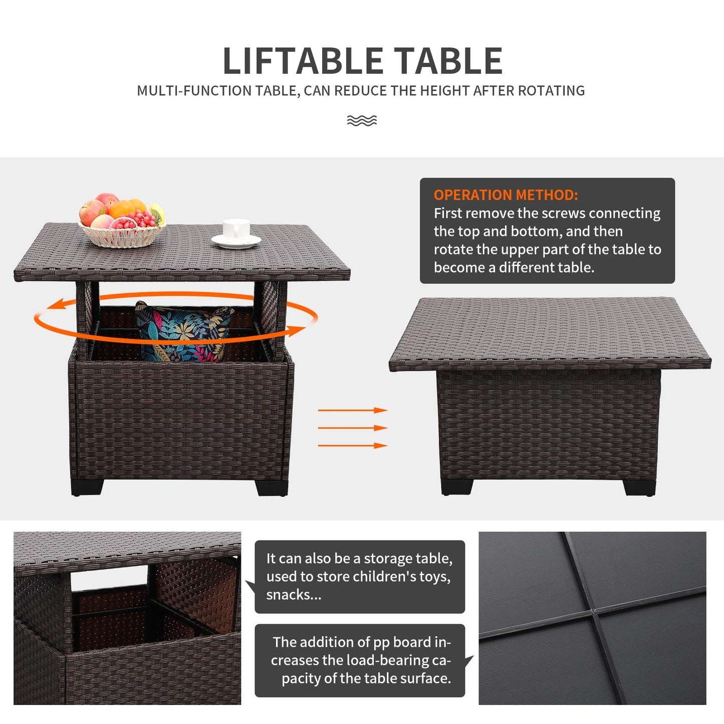 Outdoor Patio Dark Brown Rattan 7 Piece Sectional Set PE Wicker Conversation Sofa with Liftable Storage Table Non-Slip 5" Thick Royal Blue Cushion and Furniture Cover