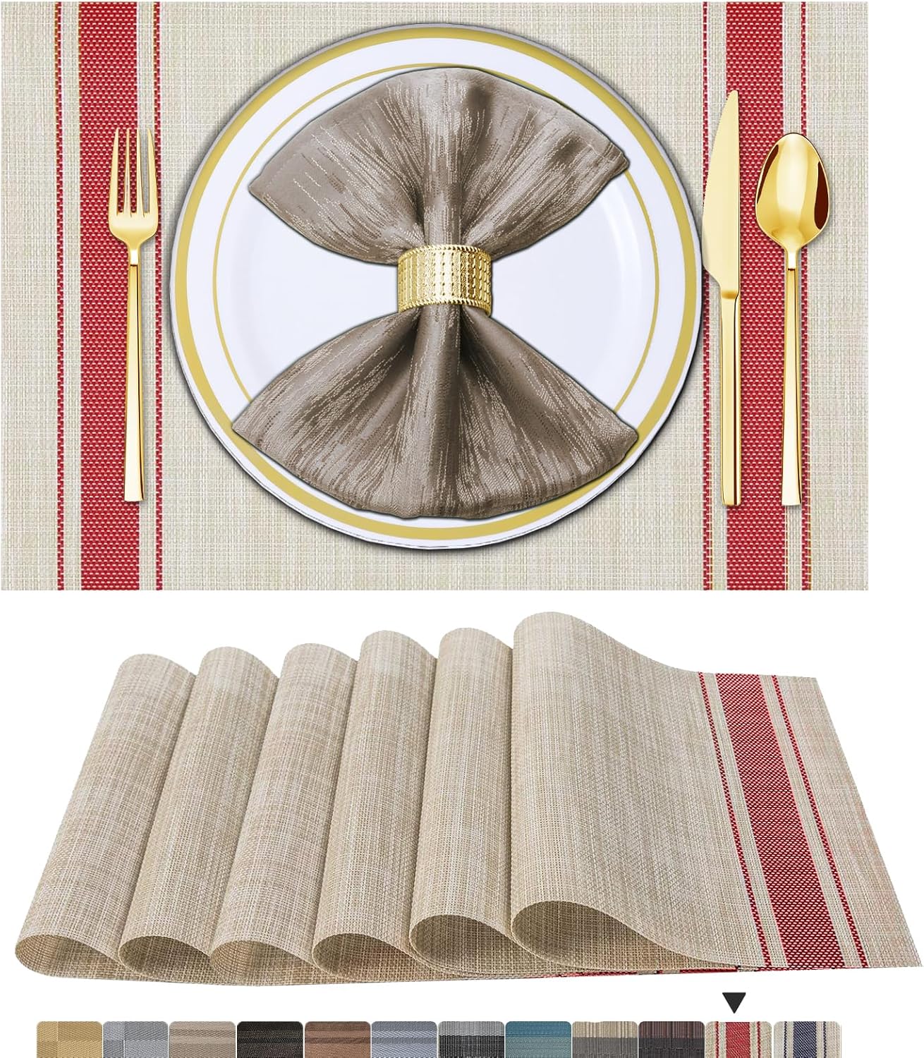 Tischsets 6er-Set, gewebtes Vinyl-Tischset für Esstisch, waschbar, abwischbar, Küchentischsets, strapazierfähige Tischsets für drinnen und draußen, 01 Beige, 6 Stück