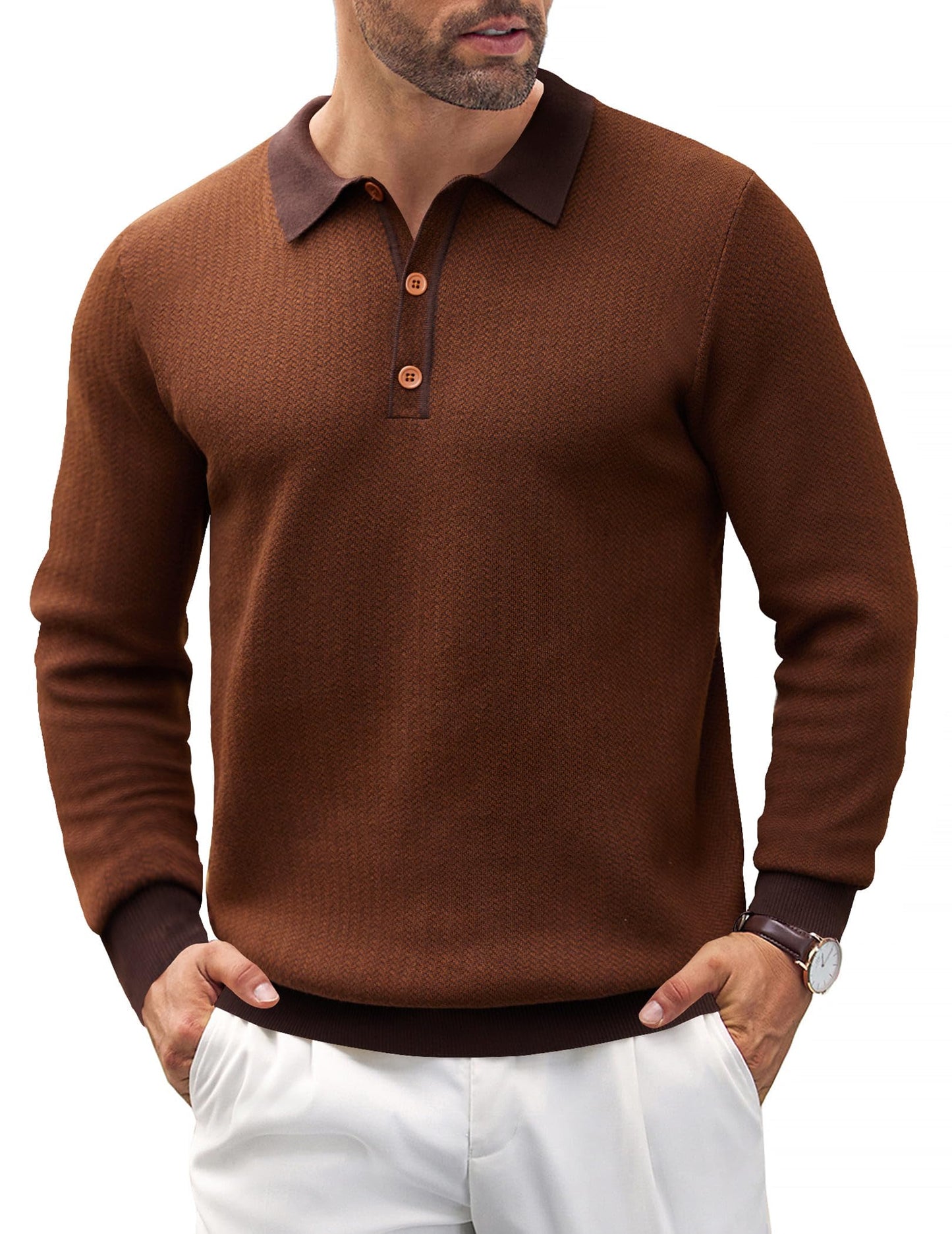 COOFANDY Mens Knit Polo Shirts Casual Long Sleeve Classic Polo Shirts Button Down Golf Shirts