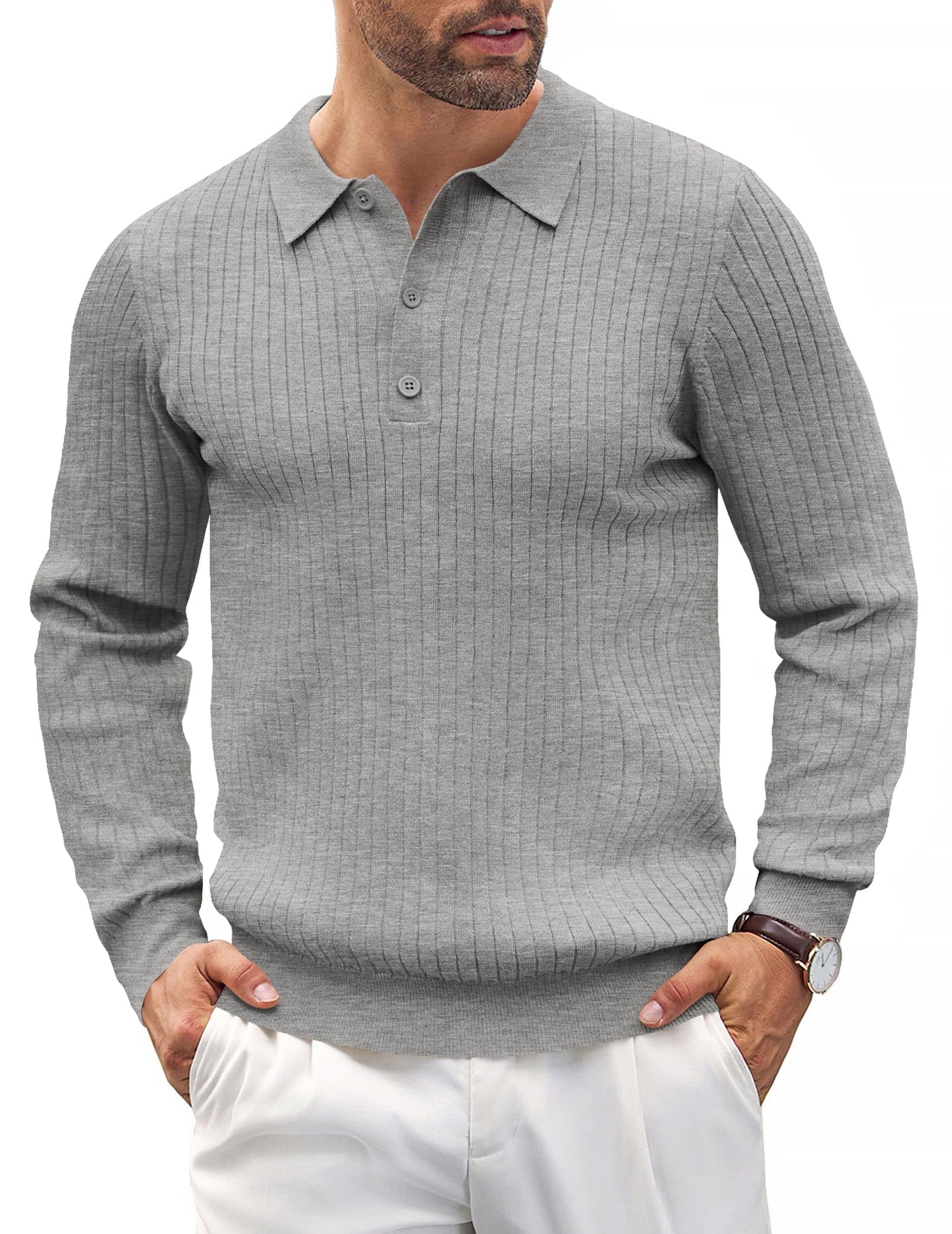 COOFANDY Mens Knit Polo Shirts Casual Long Sleeve Classic Polo Shirts Button Down Golf Shirts