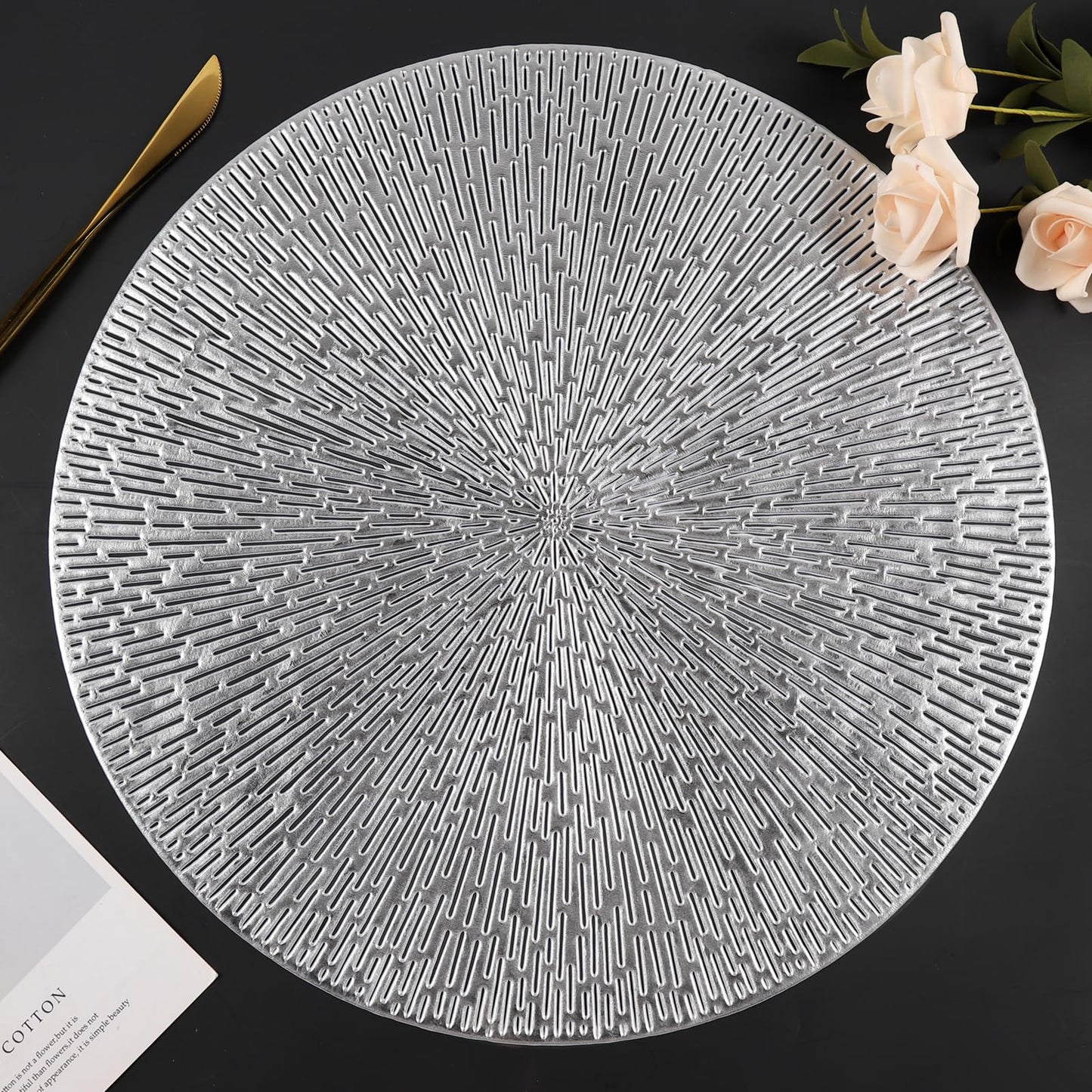 Silberne, runde Tischsets, ausgehöhlte, waschbare und abwischbare Tischsets, Tischsets aus gepresstem Vinyl, 6er-Set für Küchendekorationen zum Jubiläumsessen