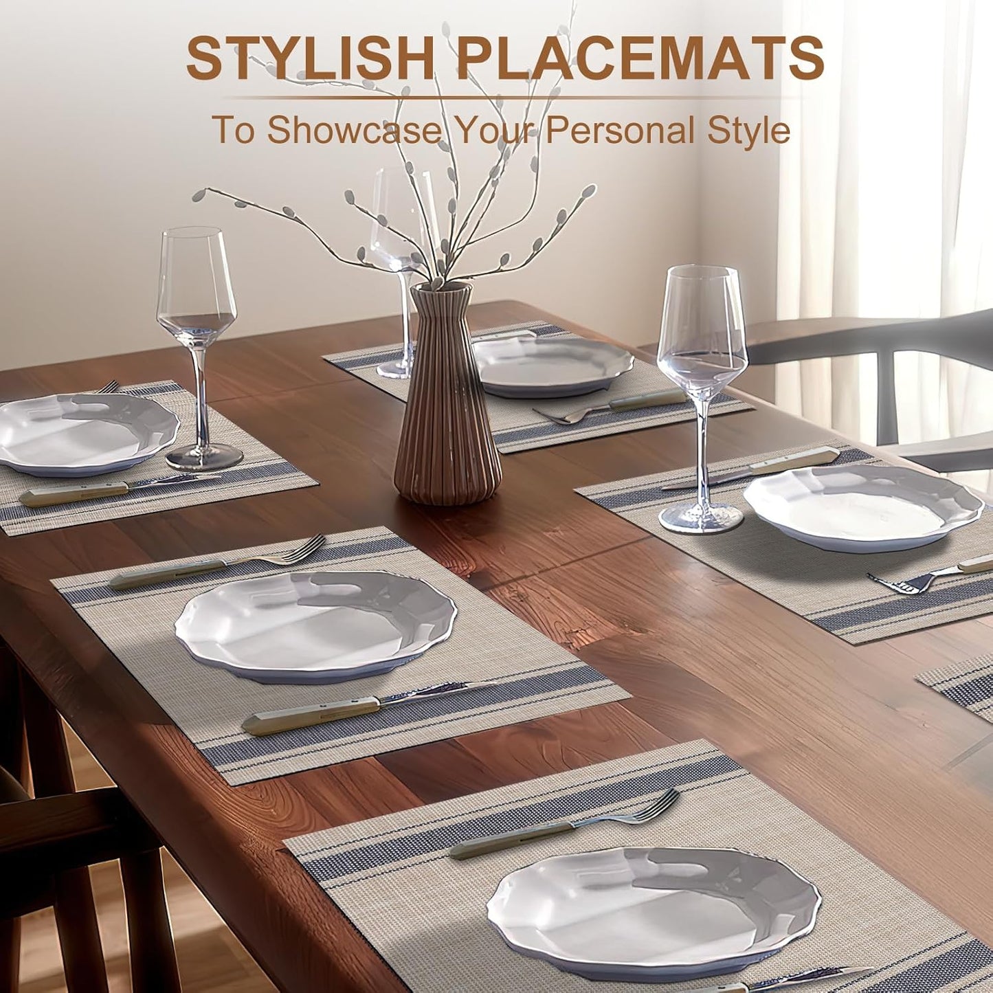 Tischsets 6er-Set, gewebtes Vinyl-Tischset für Esstisch, waschbar, abwischbar, Küchentischsets, strapazierfähige Tischsets für drinnen und draußen, 01 Beige, 6 Stück