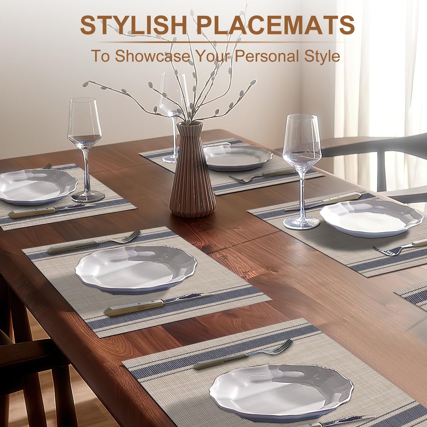 Tischsets 6er-Set, gewebtes Vinyl-Tischset für Esstisch, waschbar, abwischbar, Küchentischsets, strapazierfähige Tischsets für drinnen und draußen, 01 Beige, 6 Stück