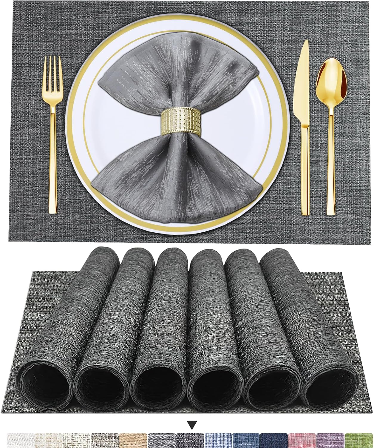 Tischsets 6er-Set, gewebtes Vinyl-Tischset für Esstisch, waschbar, abwischbar, Küchentischsets, strapazierfähige Tischsets für drinnen und draußen, 01 Beige, 6 Stück