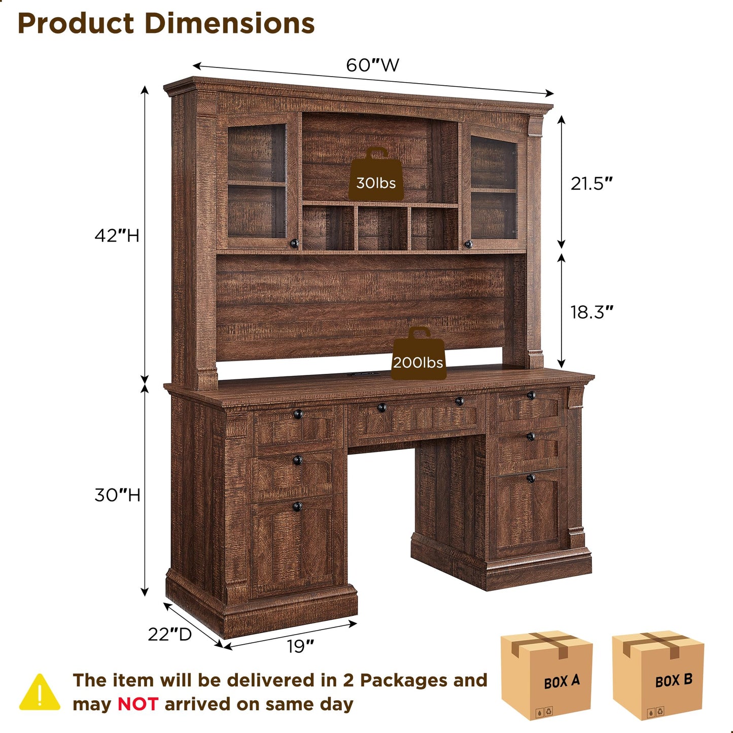 OKD 60-Zoll-Chefschreibtisch mit Schubladen, Home-Office-Schreibtisch im Landhausstil mit Ladestation, Tastaturablage, Aktenschrank-Aufbewahrung, Holz-Computertisch für Arbeit und Studium, Antikweiß