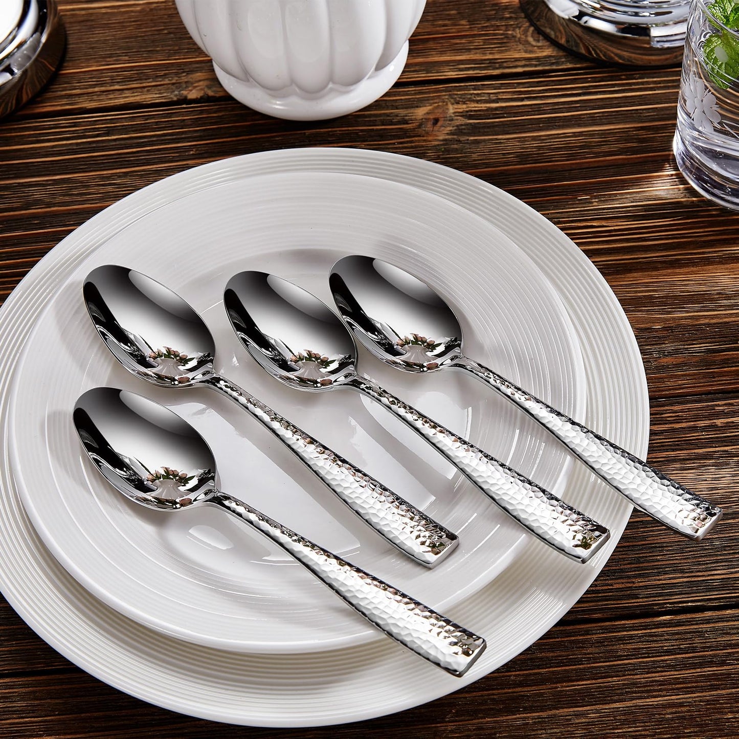 KEAWELL Premium 20/45/65-teiliges Louis-Silberbesteck-Set mit gehämmertem Rand und quadratischem Rand, 18/10 Edelstahl, Service für 4/8/12 Personen, feines Besteck-Set, spülmaschinenfest (45)