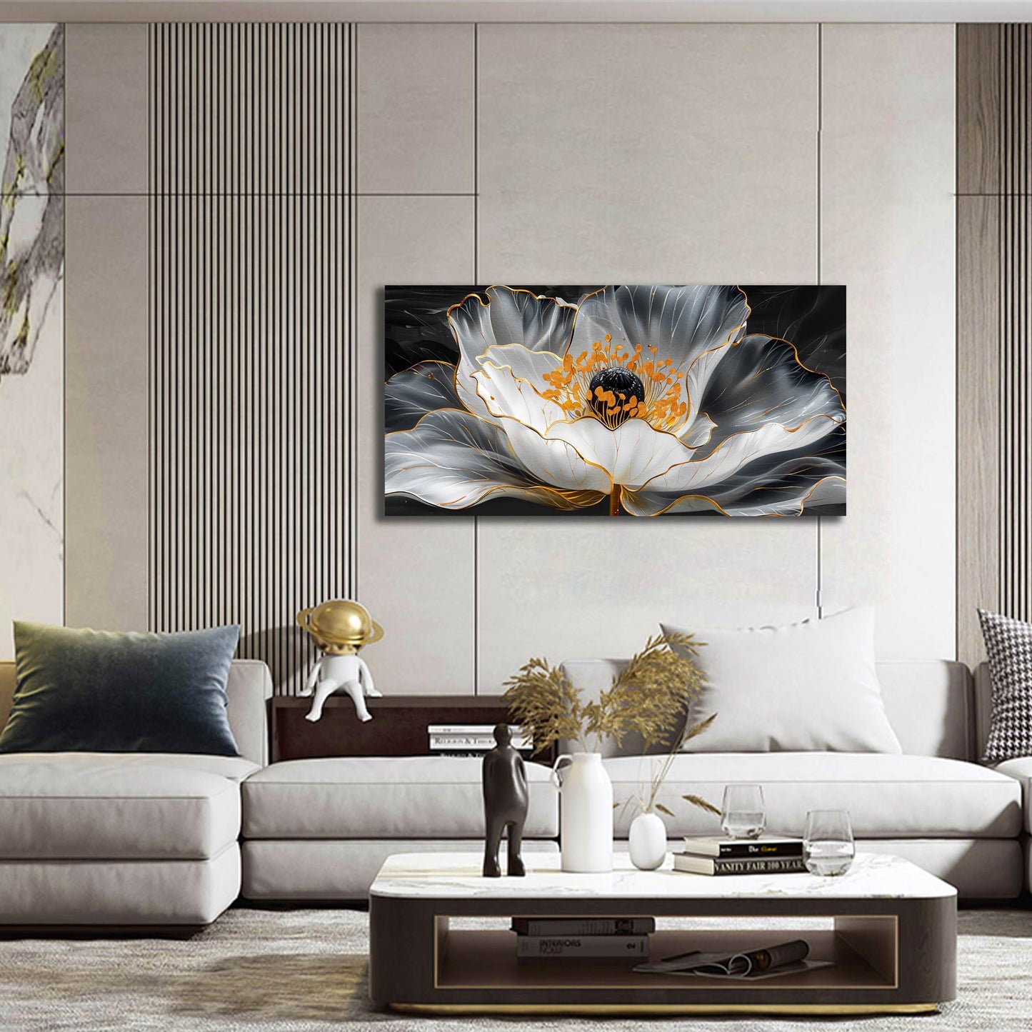 Gold Wall Art White Wall Pictures Beautiful Flower Wall Decorations for Living Room Black Artwork 24"x48" Art for Home Office