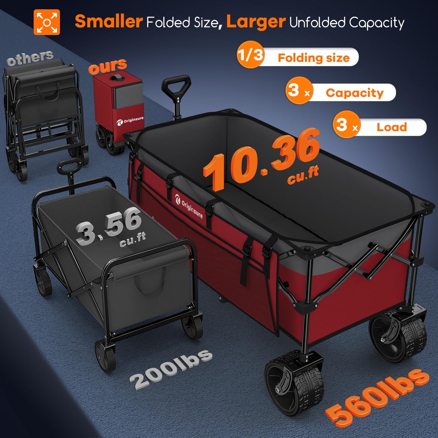 48" L Collapsible Wagon Cart Foldable, 560LB Weight Capacity 300L Heavy Duty Folding Beach Wagons with Big All-Terrain Wheels, Utility Carts for Groceries, Shopping, Camping, Sports - Black