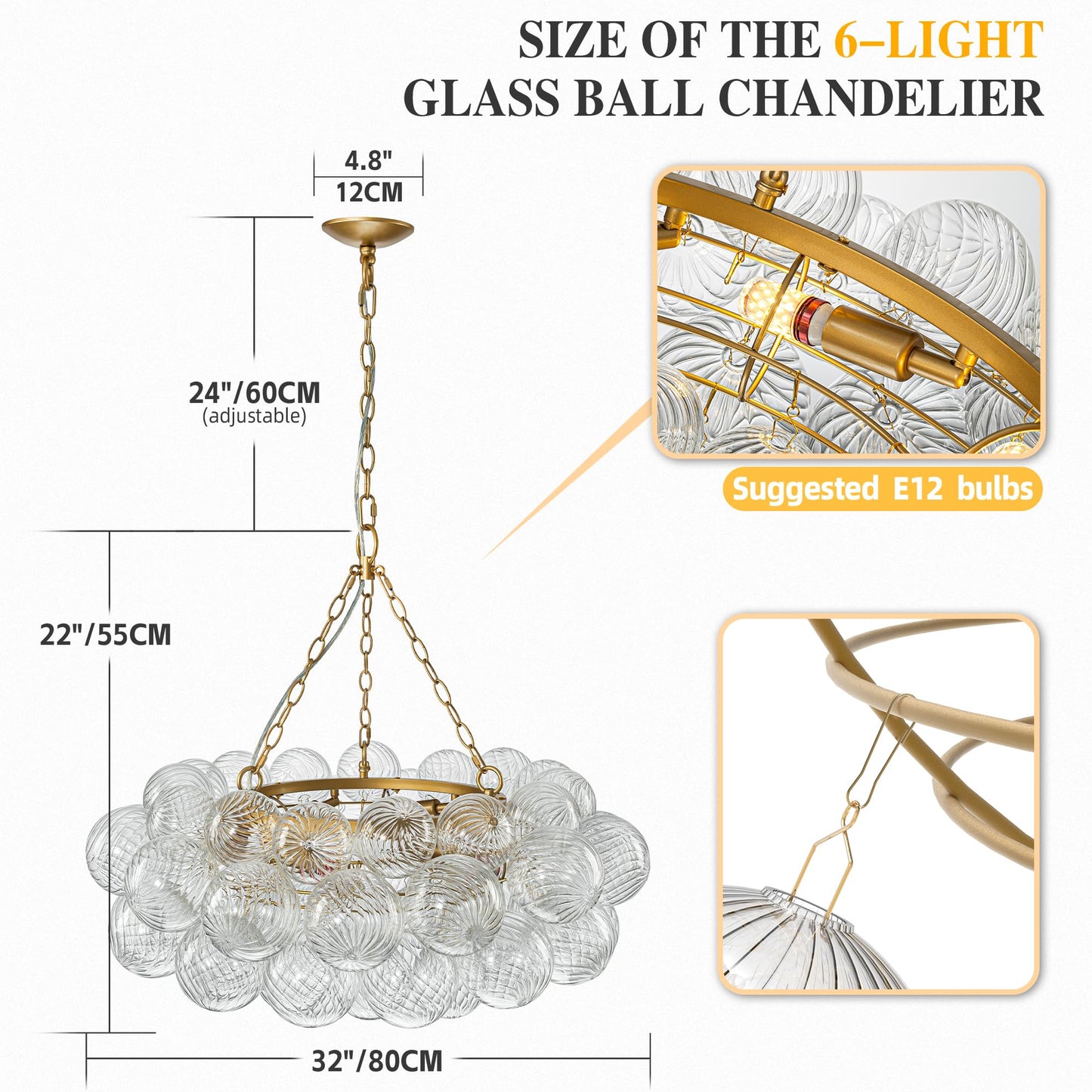 Goldfarbener mehrstufiger Glaskugel-Blasen-Kronleuchter, runder Kronleuchter aus gewirbeltem Glas, klares geblasenes Glas, 8-flammige Pendelleuchte mit 24 Zoll Durchmesser für Schlafzimmer und Restaurant